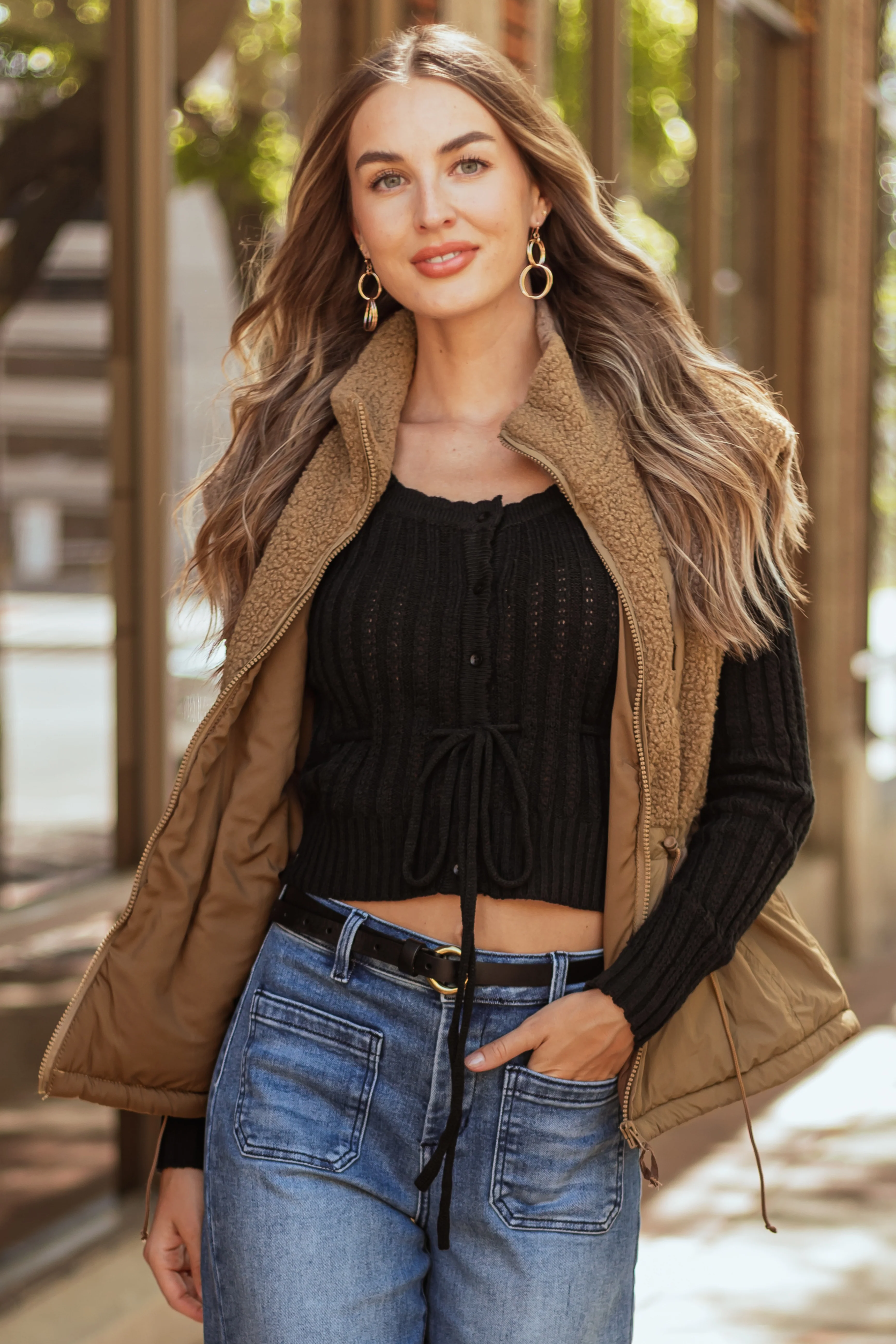 Taupe Zip Up Sherpa Vest with Drawstring Waist - LD SALE