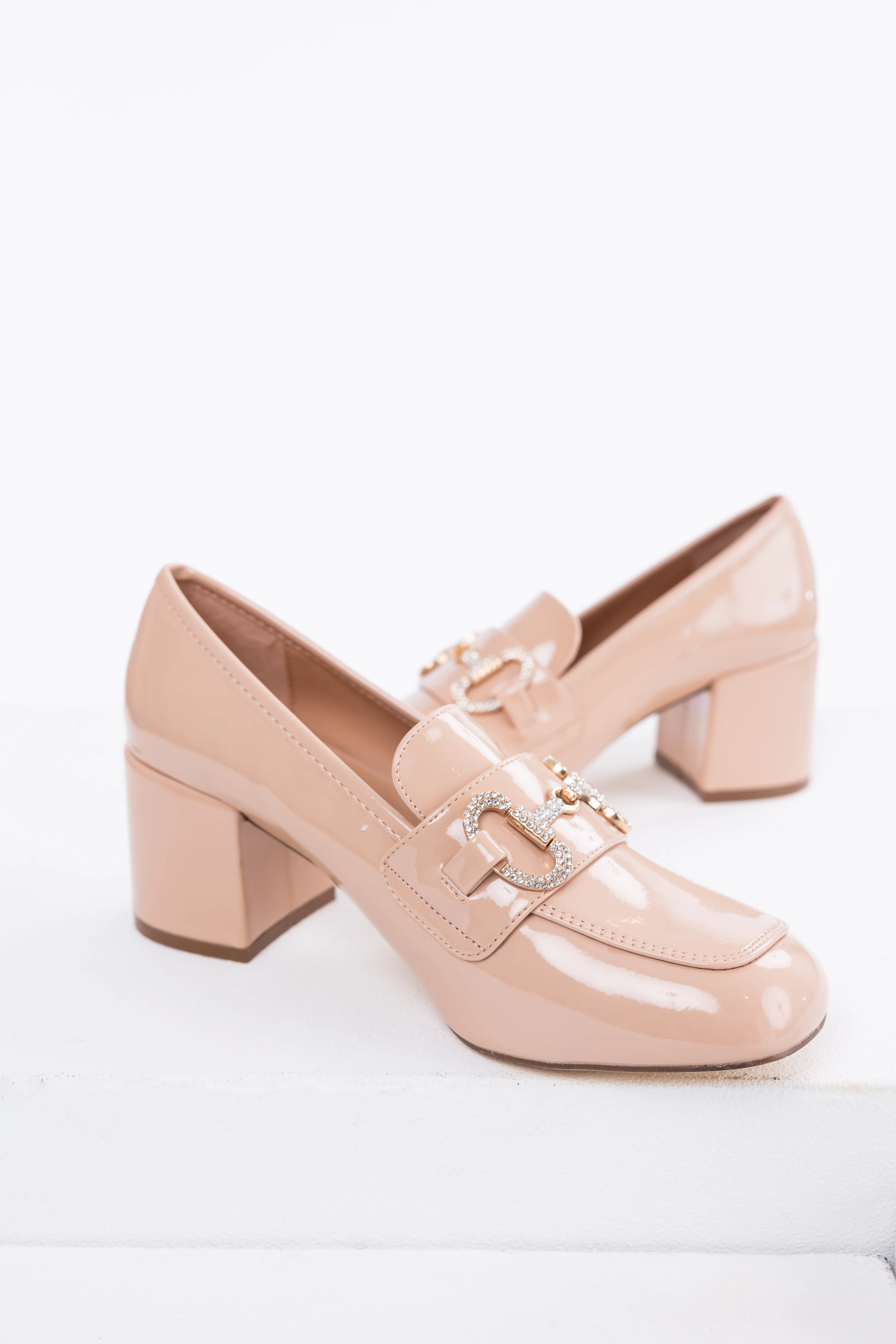 Nude Shiny Leather Block Heel Loafers - LD SALE