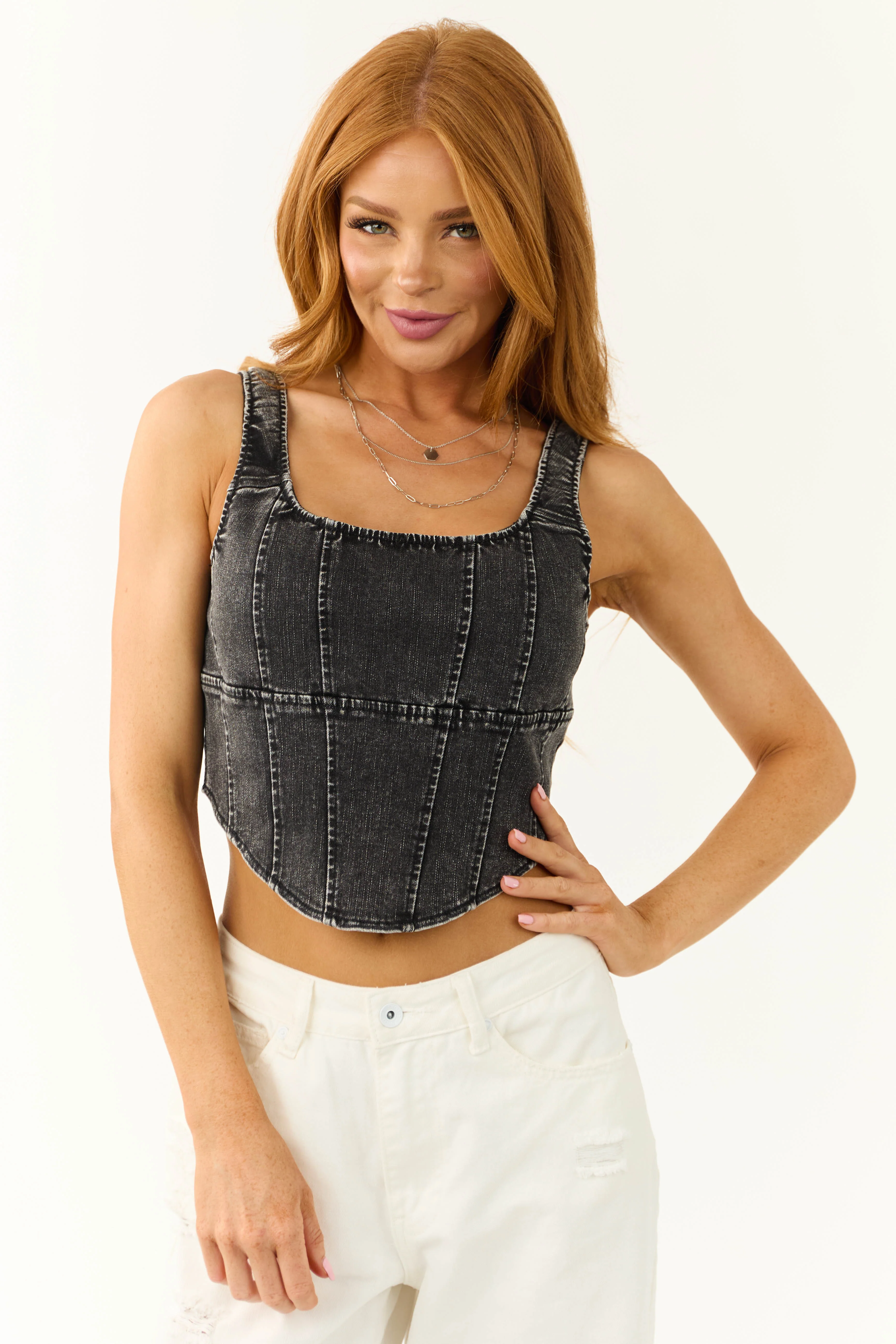 Washed Black Denim Sleeveless Corset Top - LD SALE