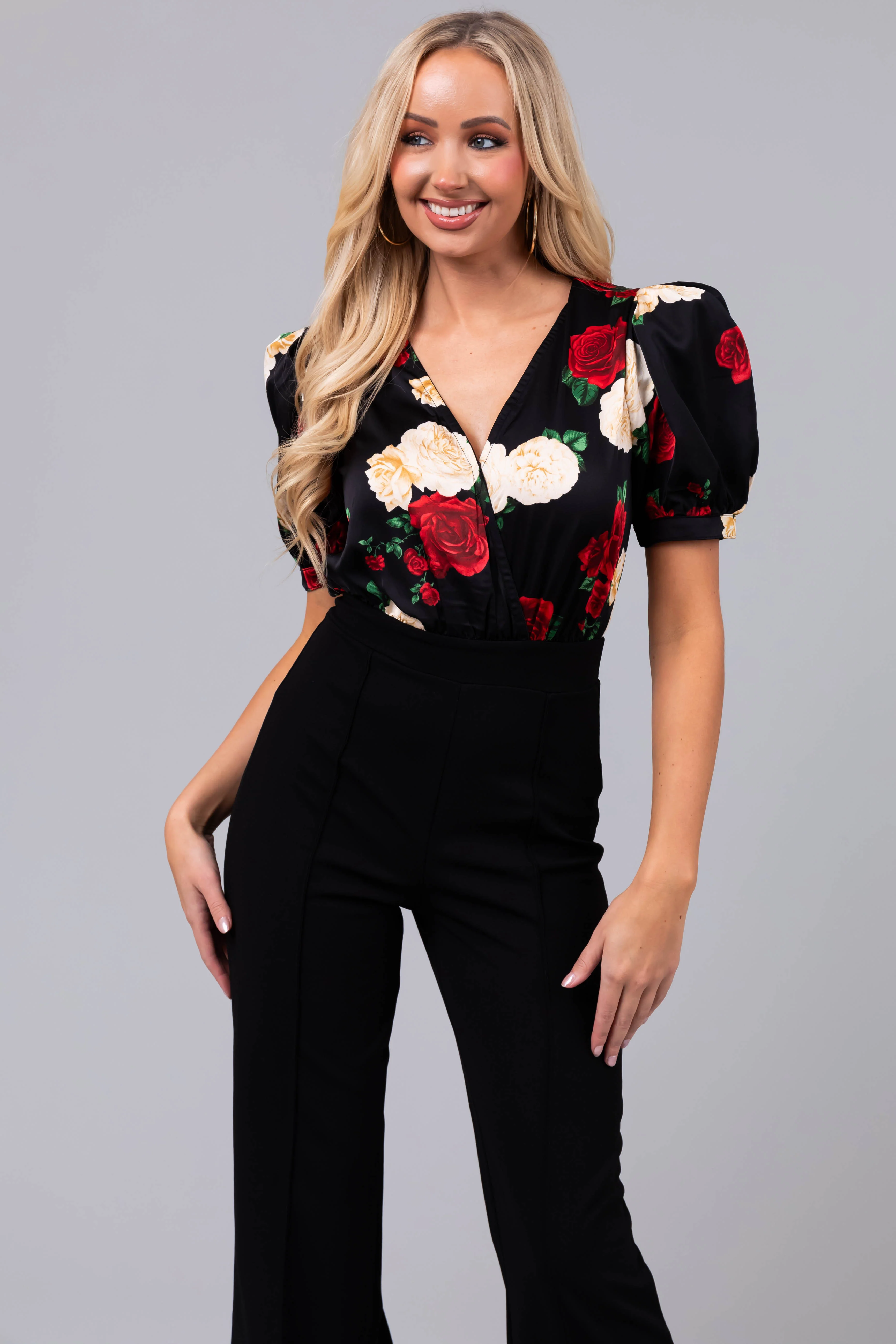 Black Floral Print Short Puff Sleeve Jumpsuit - LD SALE