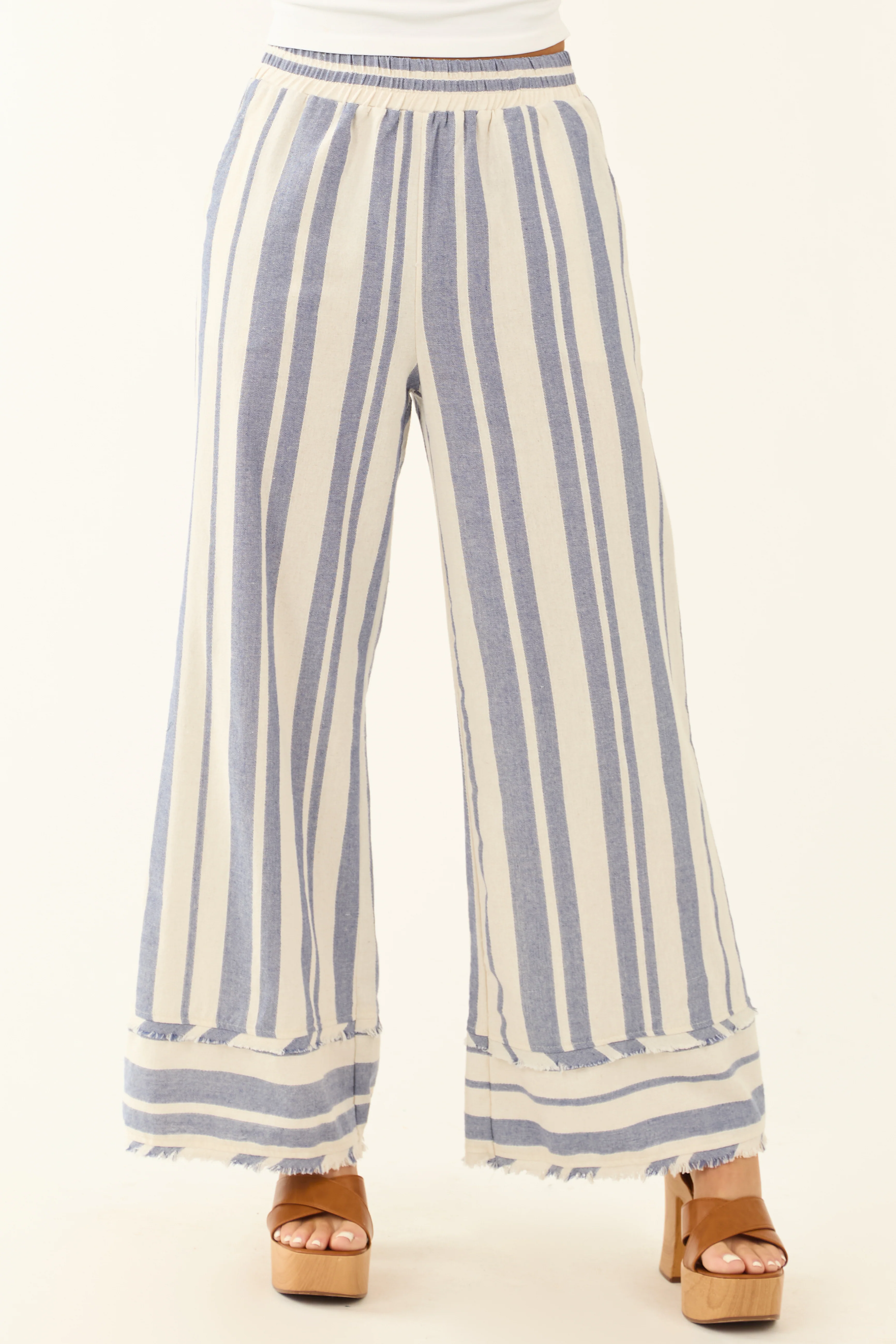 Steel Blue and Almond Striped Wide Leg Linen Pants - LD SALE