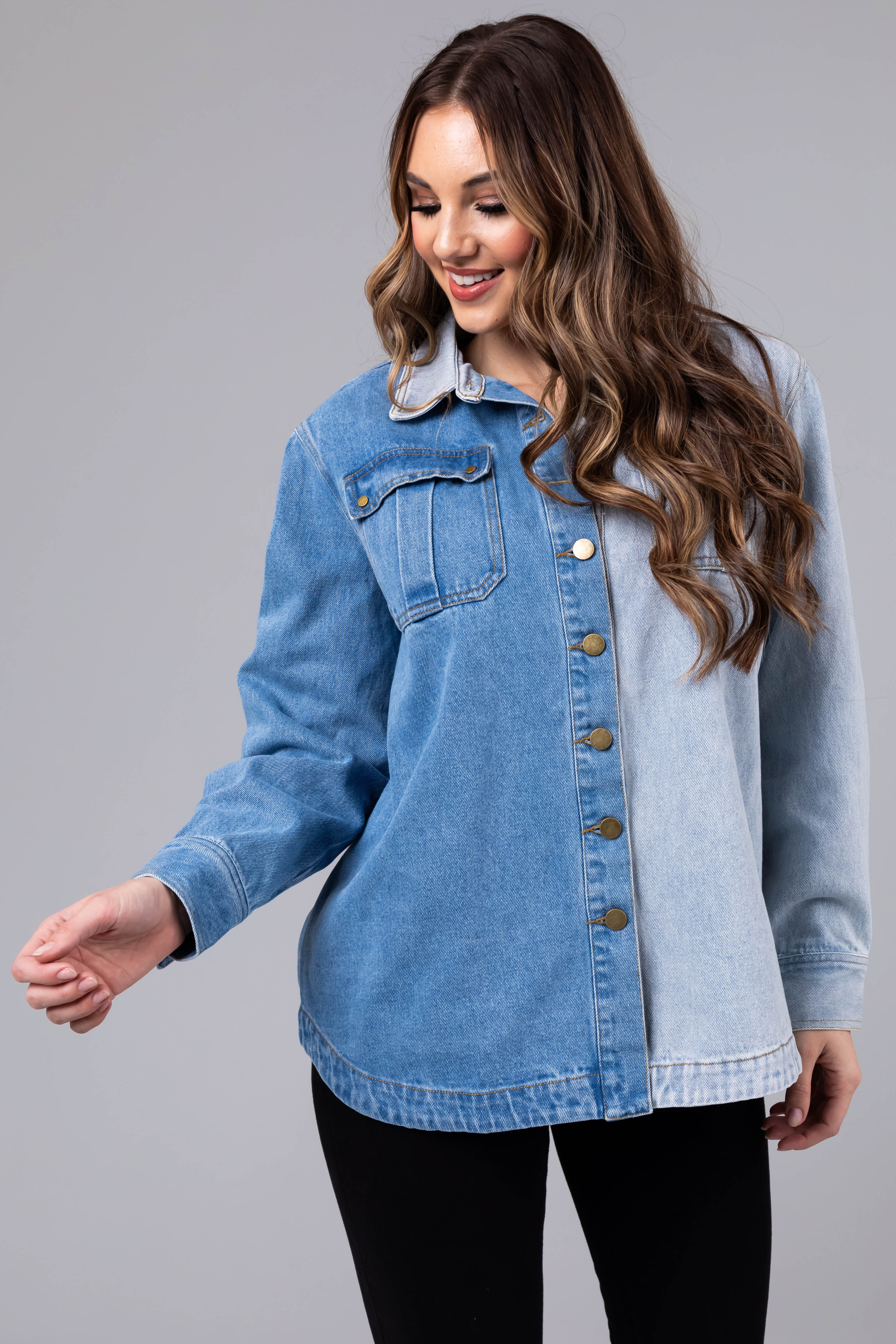 Denim Colorblock Button Down Shacket - LD SALE