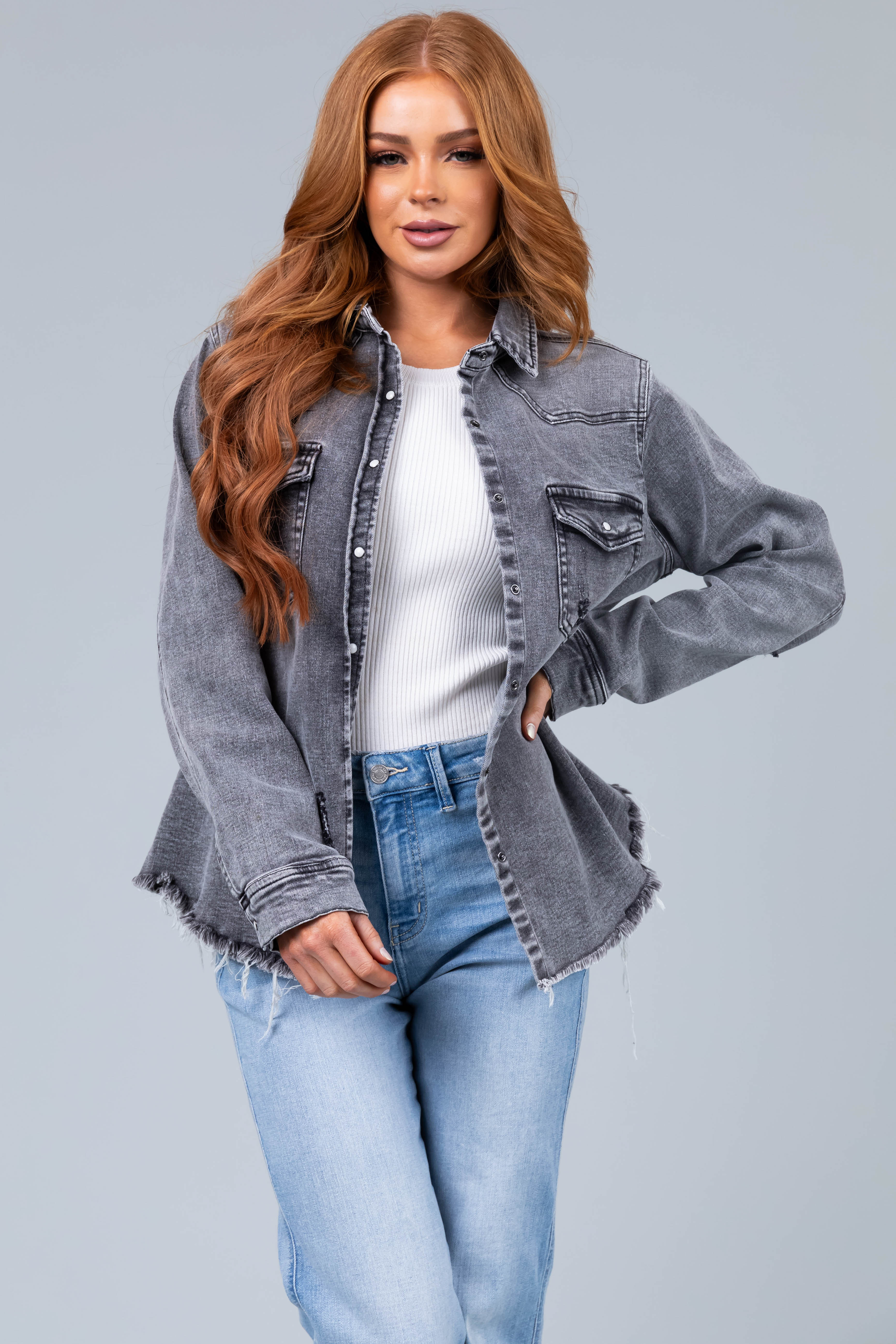 Graphite Button Up Distressed Denim Jacket - LD SALE