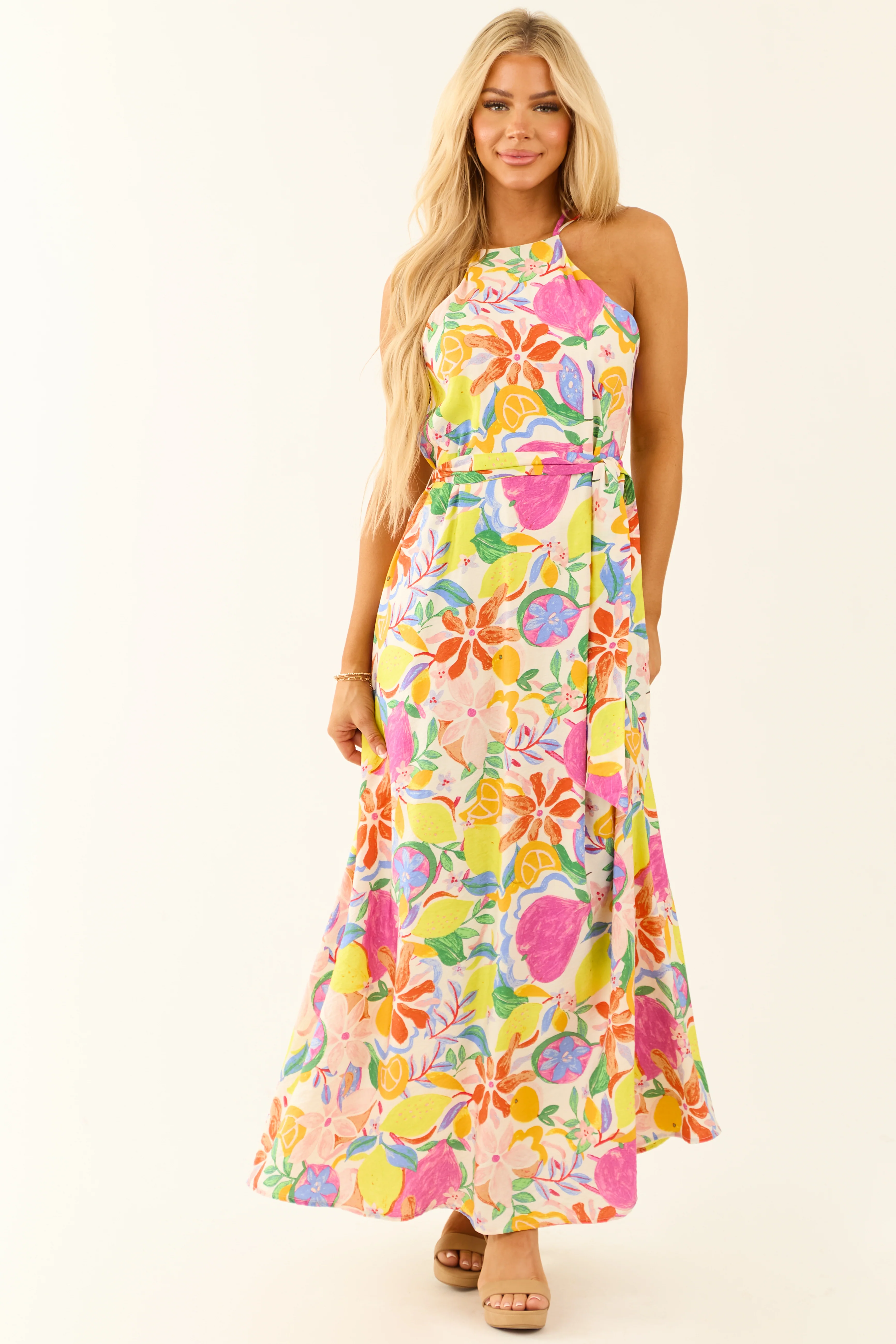 Ivory Colorful Floral and Fruit Print Maxi Dress - LD SALE