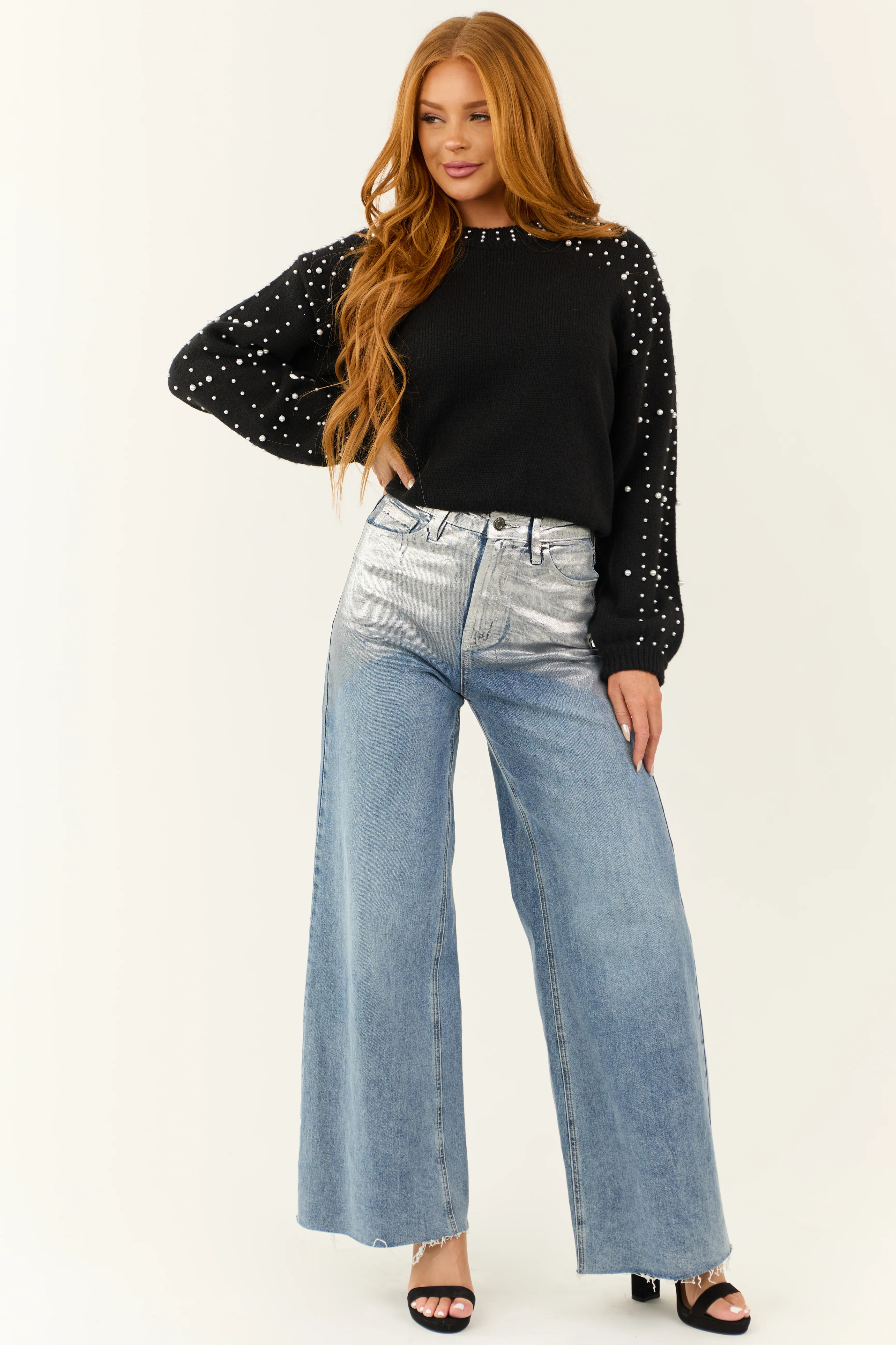 Black Pearl Accent Balloon Sleeve Knit Sweater - LD SALE