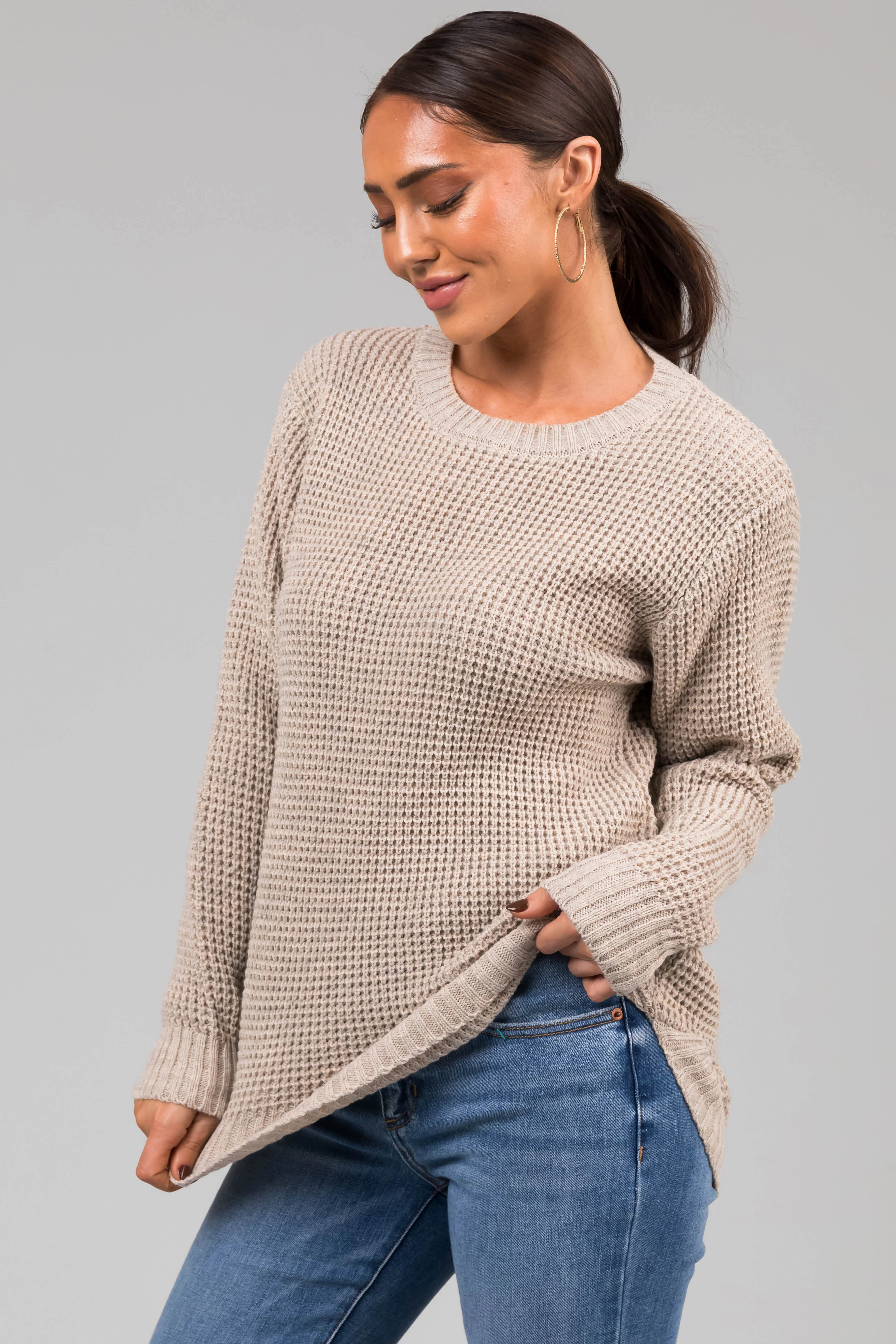 Oatmeal Thick Waffle Knit Curved Hem Sweater - LD SALE