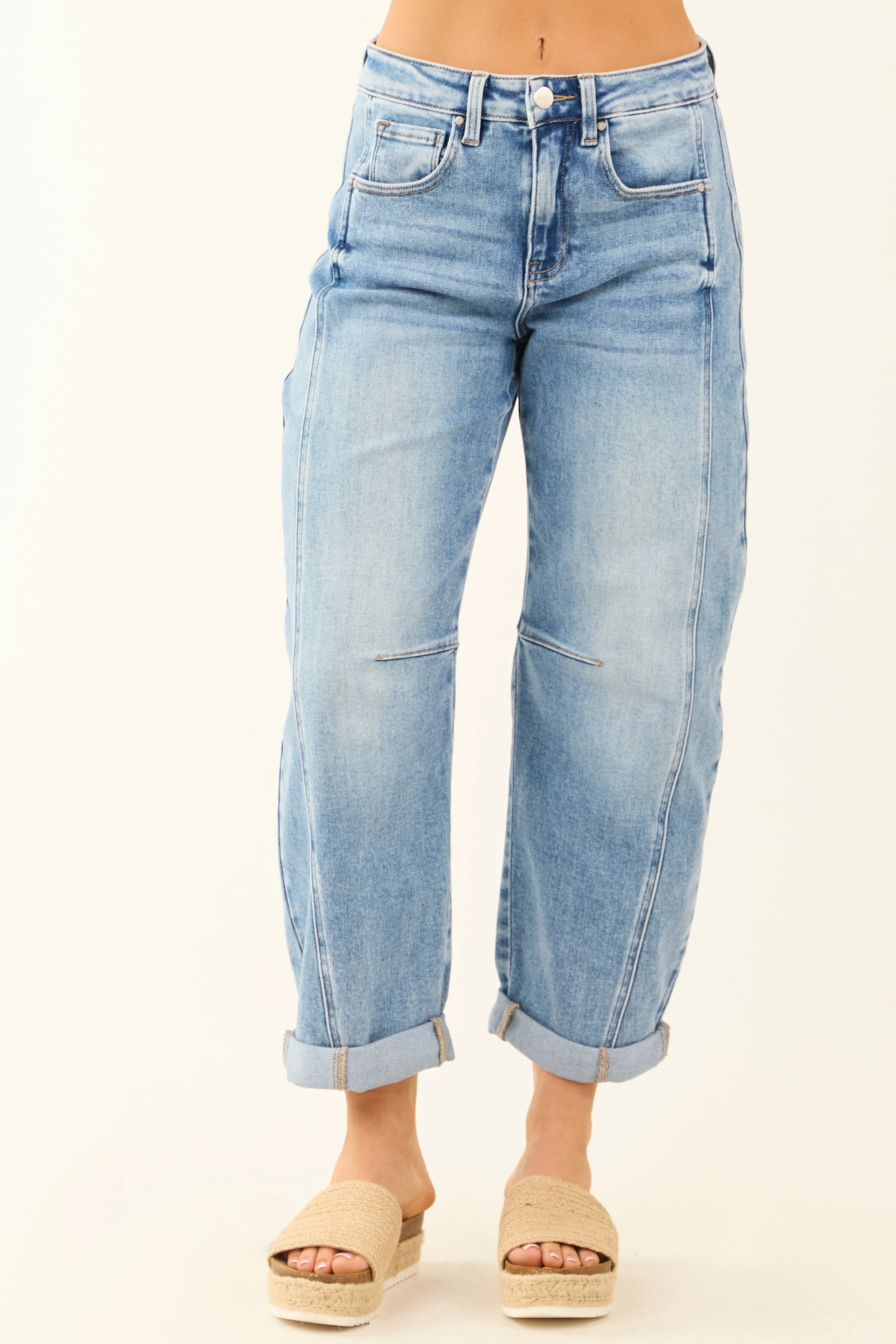 Risen Stretchy Medium Wash Cuffed Barrel Jeans - LD SALE