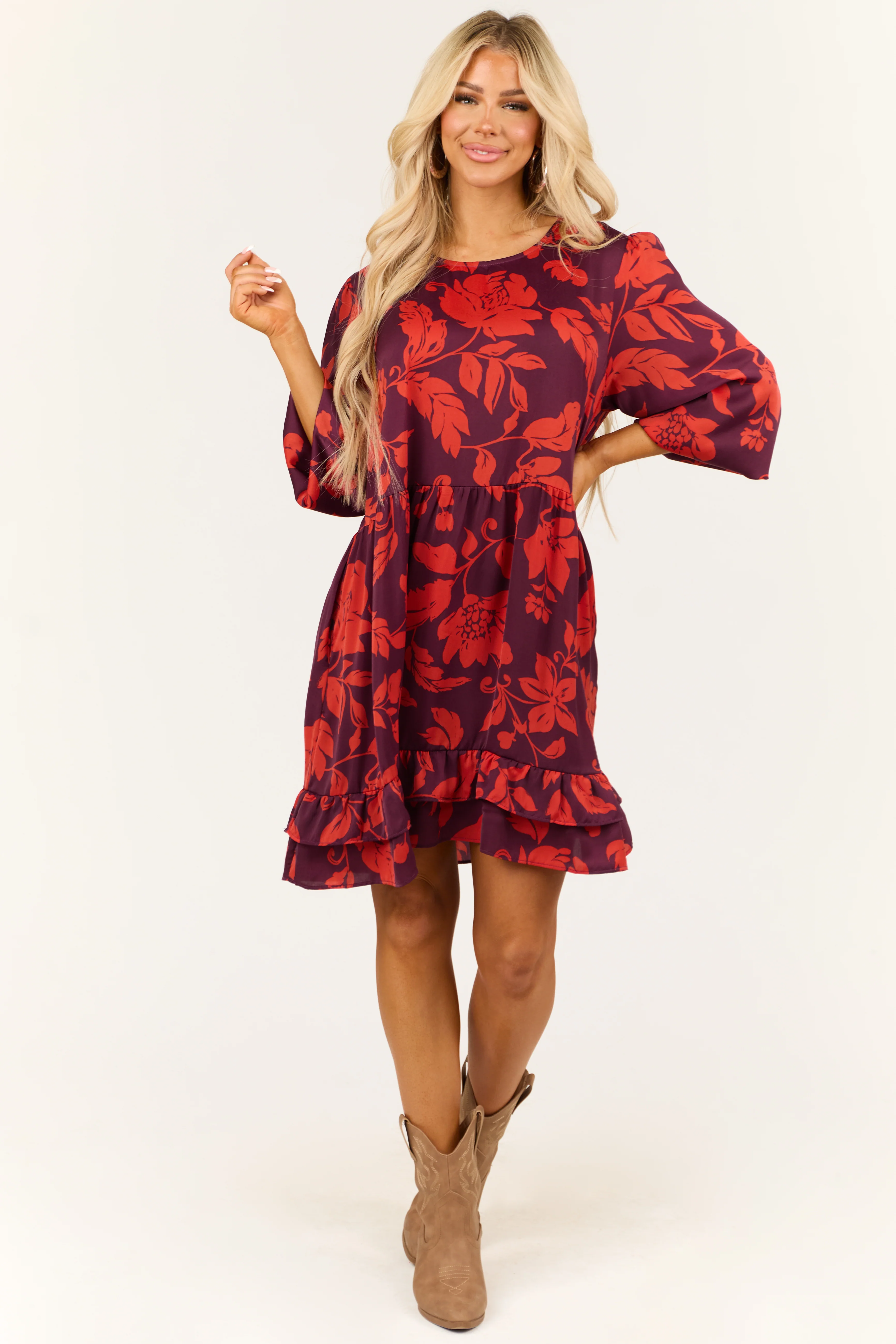 Eggplant and Scarlet Floral Print Satin Mini Dress - LD SALE