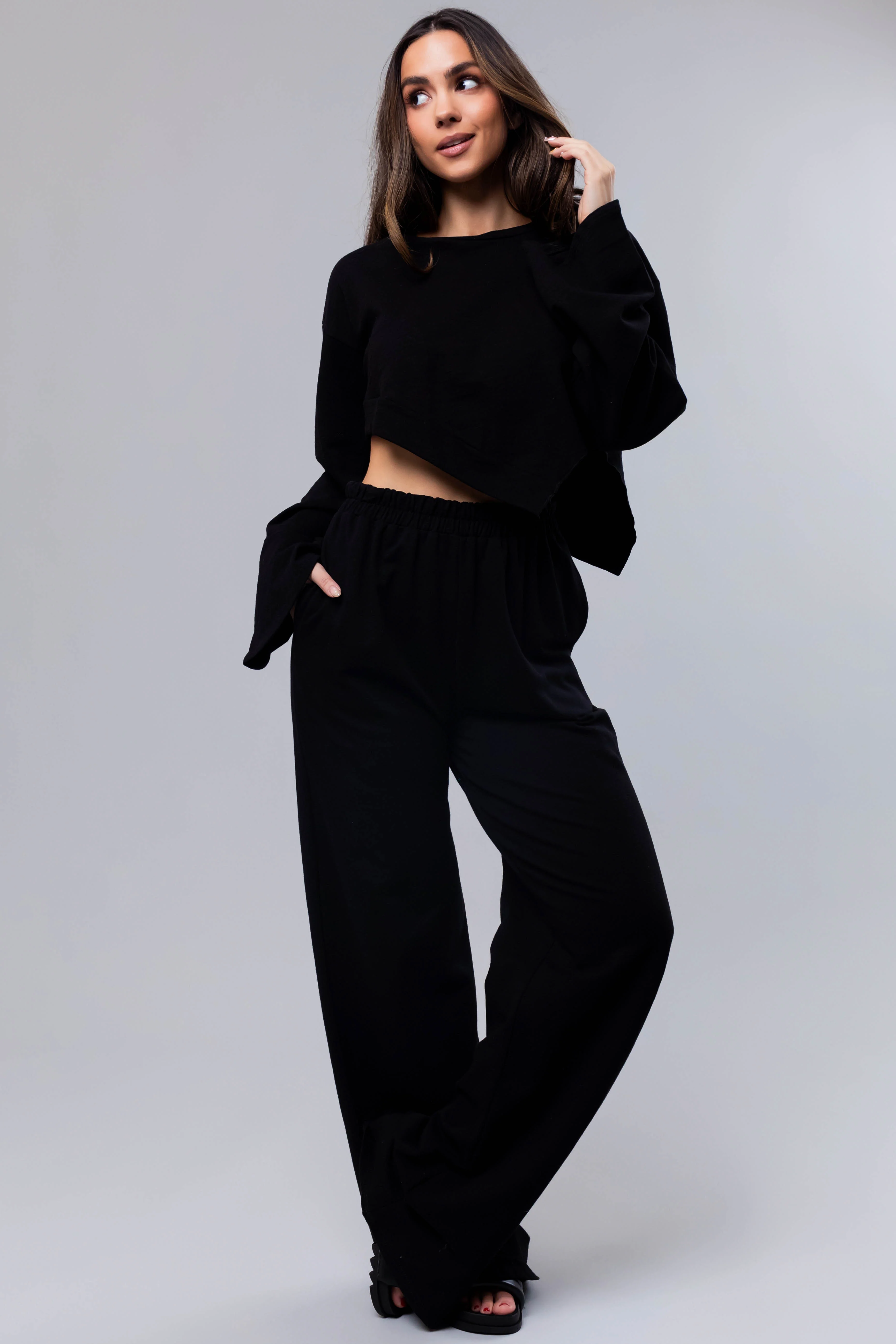 Black Long Sleeve Top and Wide Leg Pants Set - LD SALE