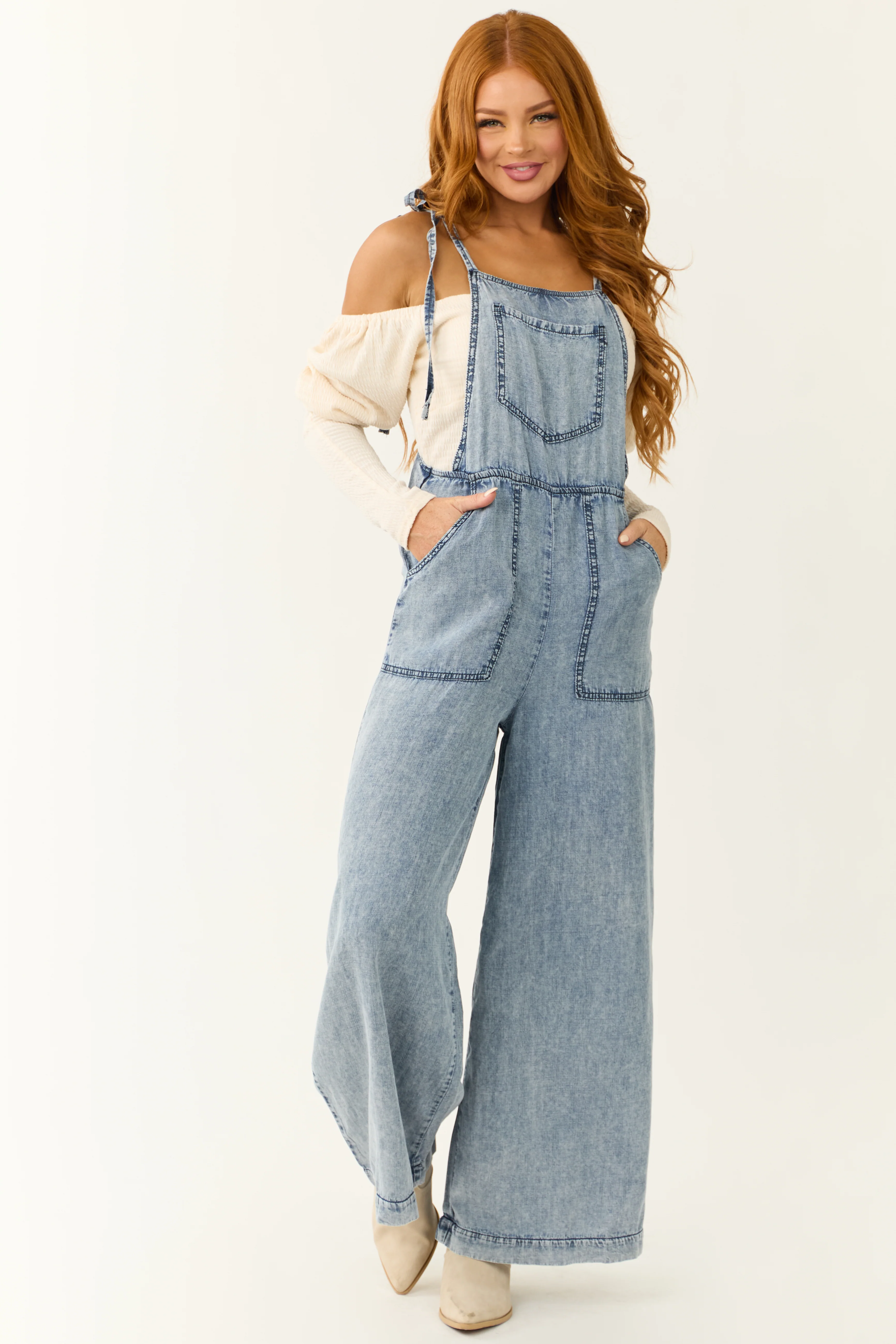 Medium Acid Wash Denim Wide Leg Jumpsuit - LD SALE