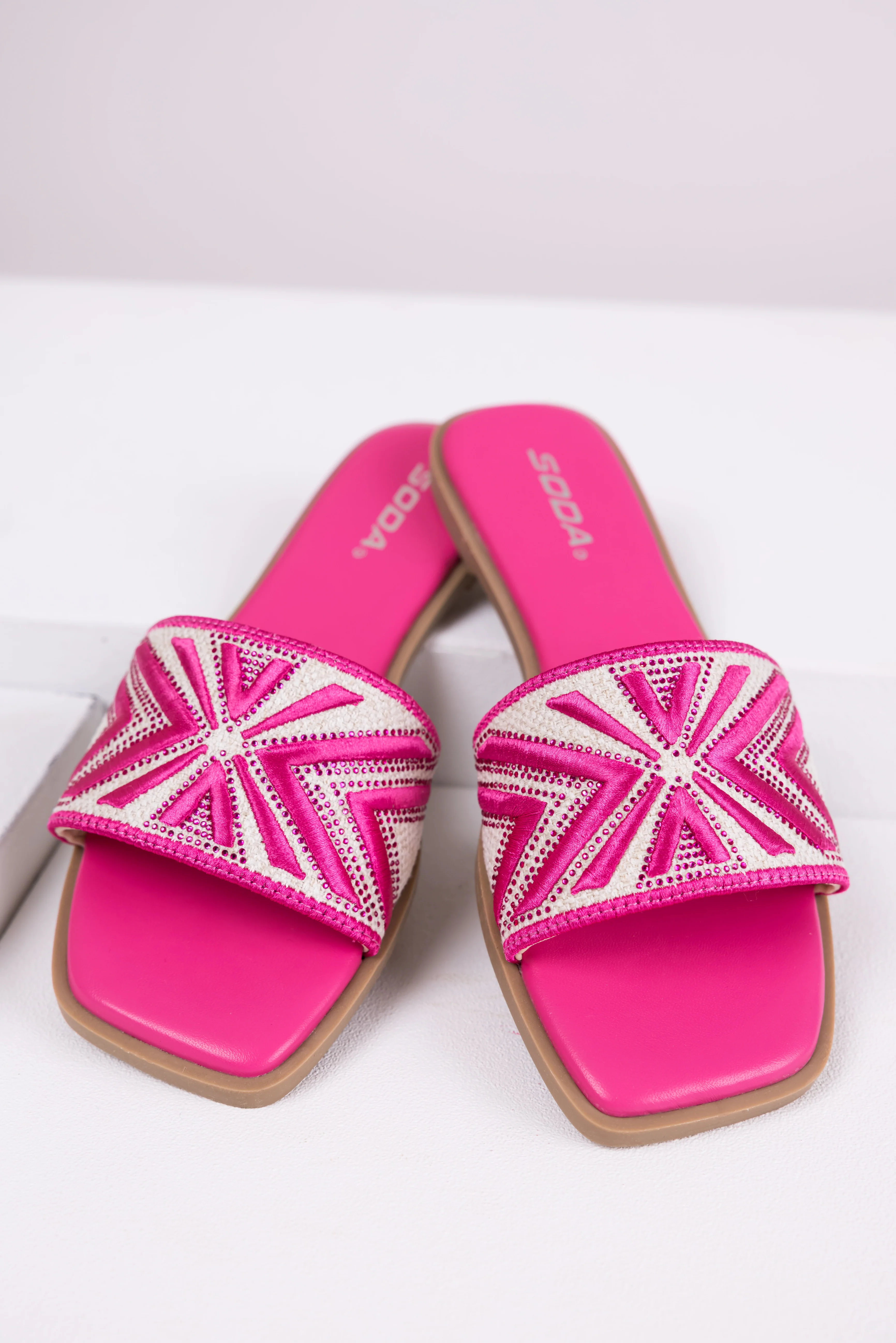 Hot Pink Aztec Band Square Toe Slide Sandals - LD SALE