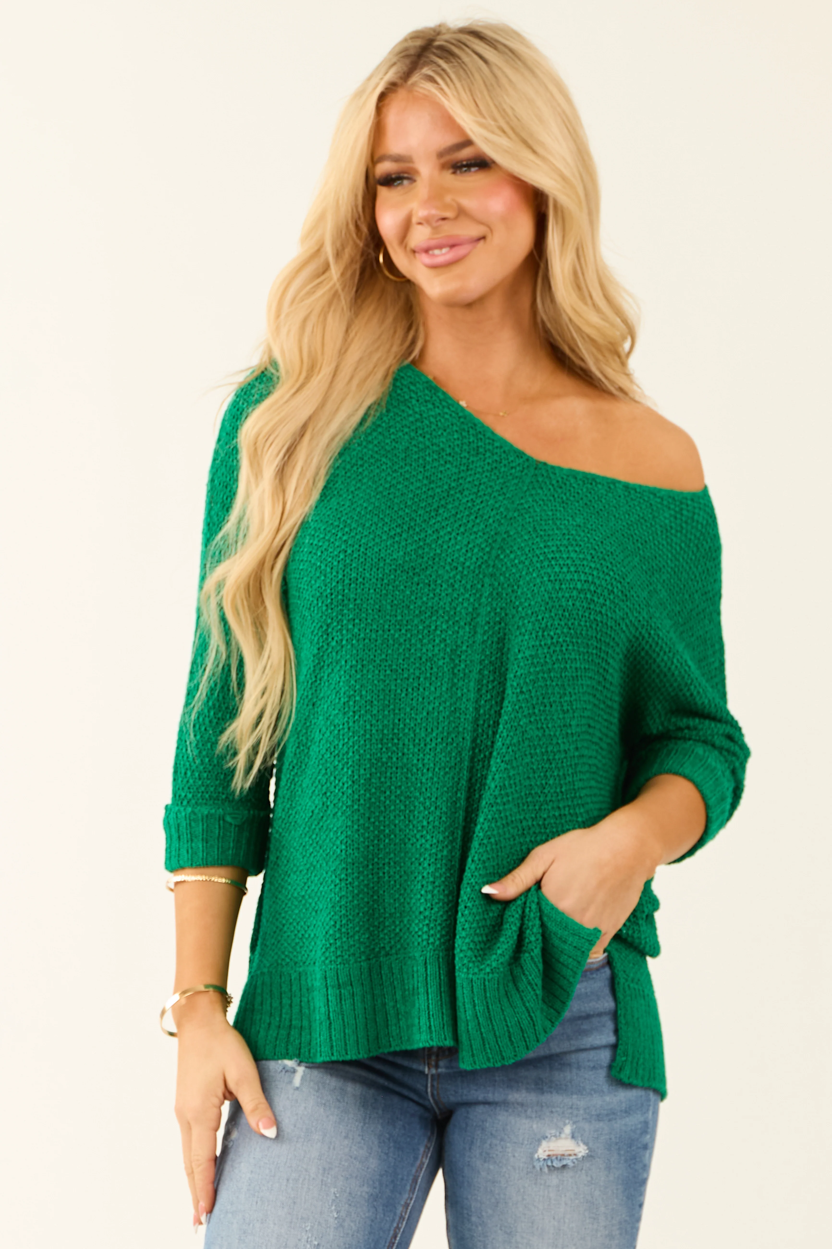 Bright Jade Boatneck 3/4 Sleeve Knit Sweater - LD SALE
