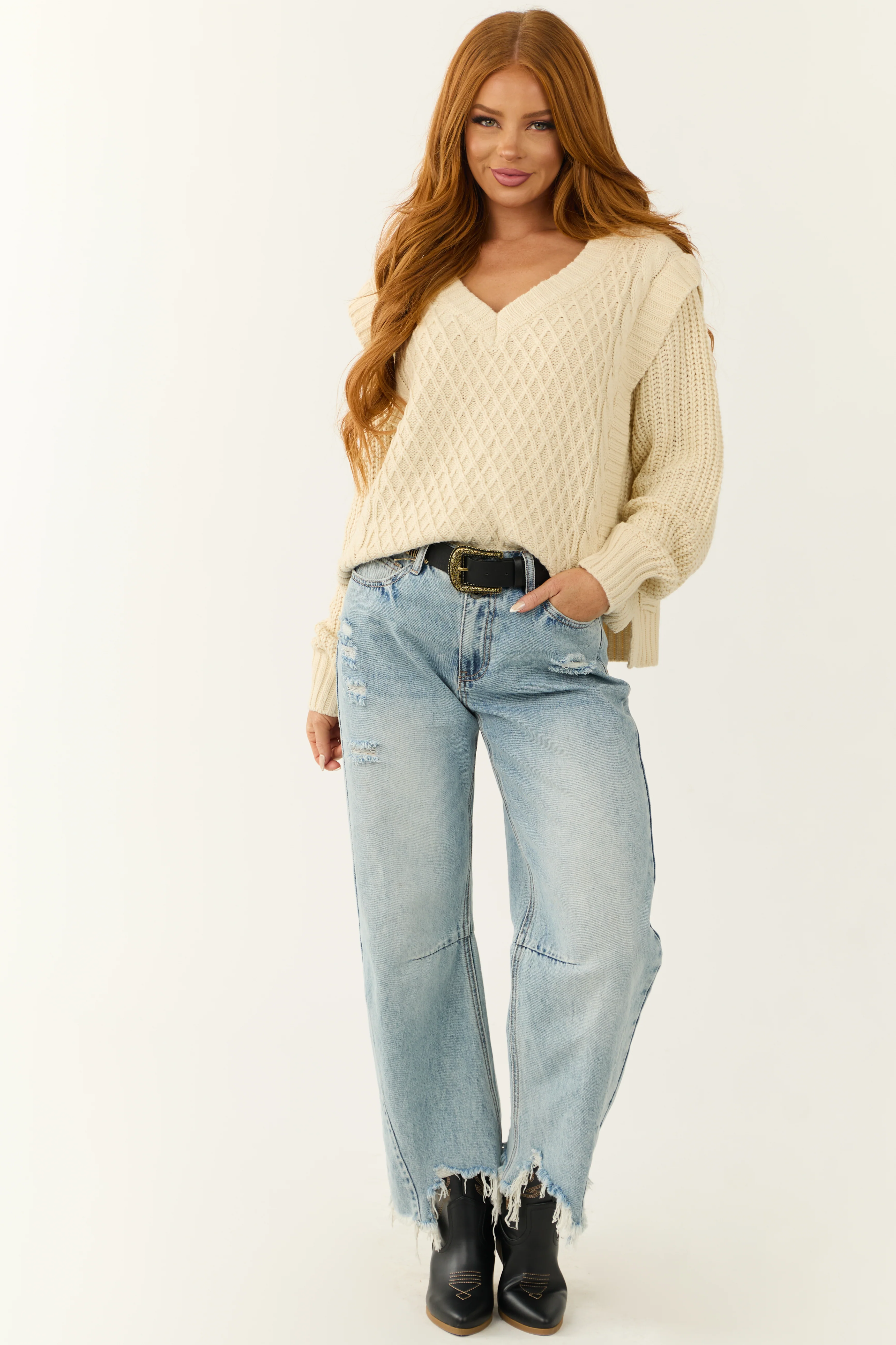 She+Sky Cream Lattice Knit V Neck Sweater - LD SALE
