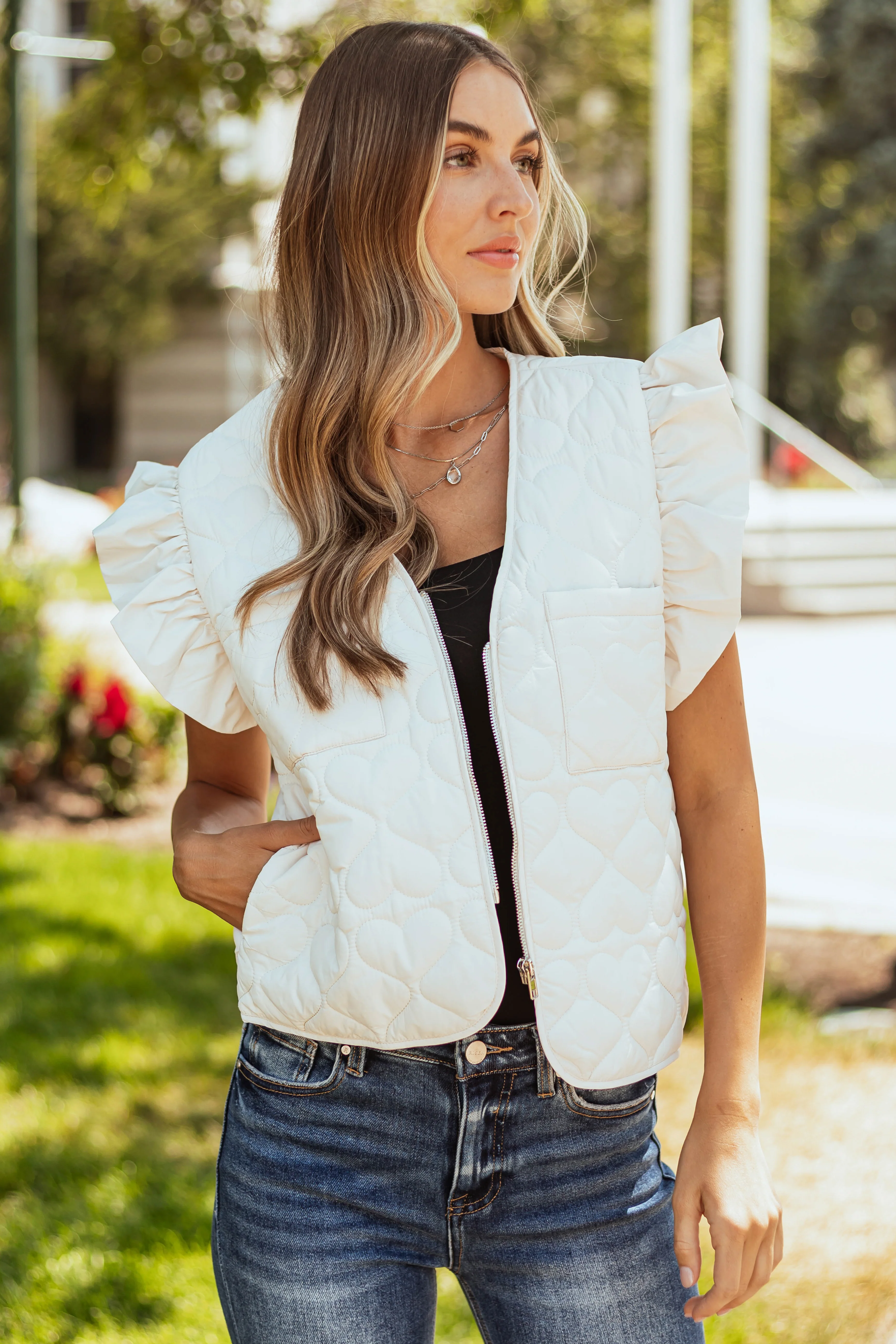 Cream Ruffle Strap Zip Up Quilted Puffer Vest - LD SALE