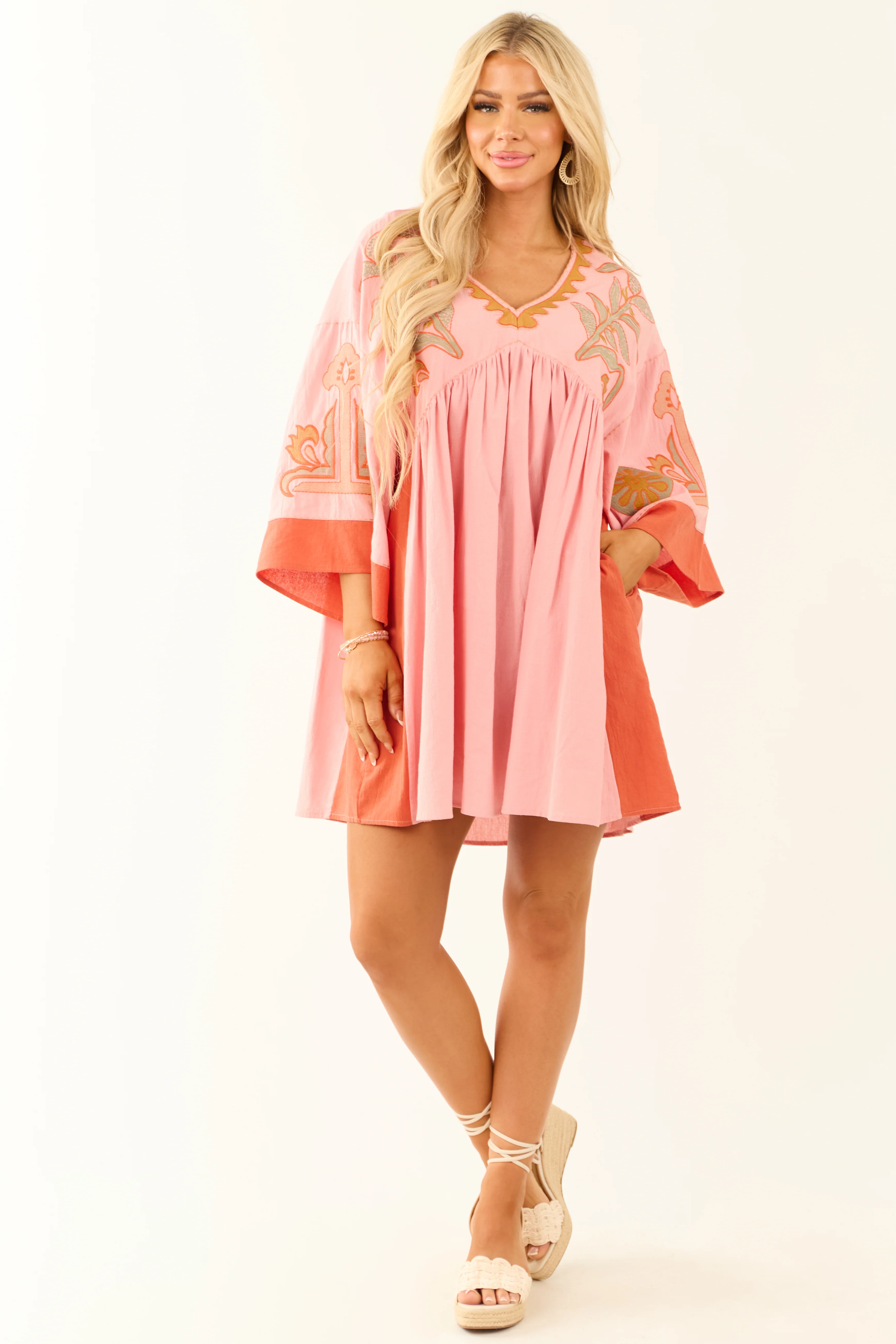 Punch Embroidery Detailed 3/4 Sleeve Short Dress - LD SALE