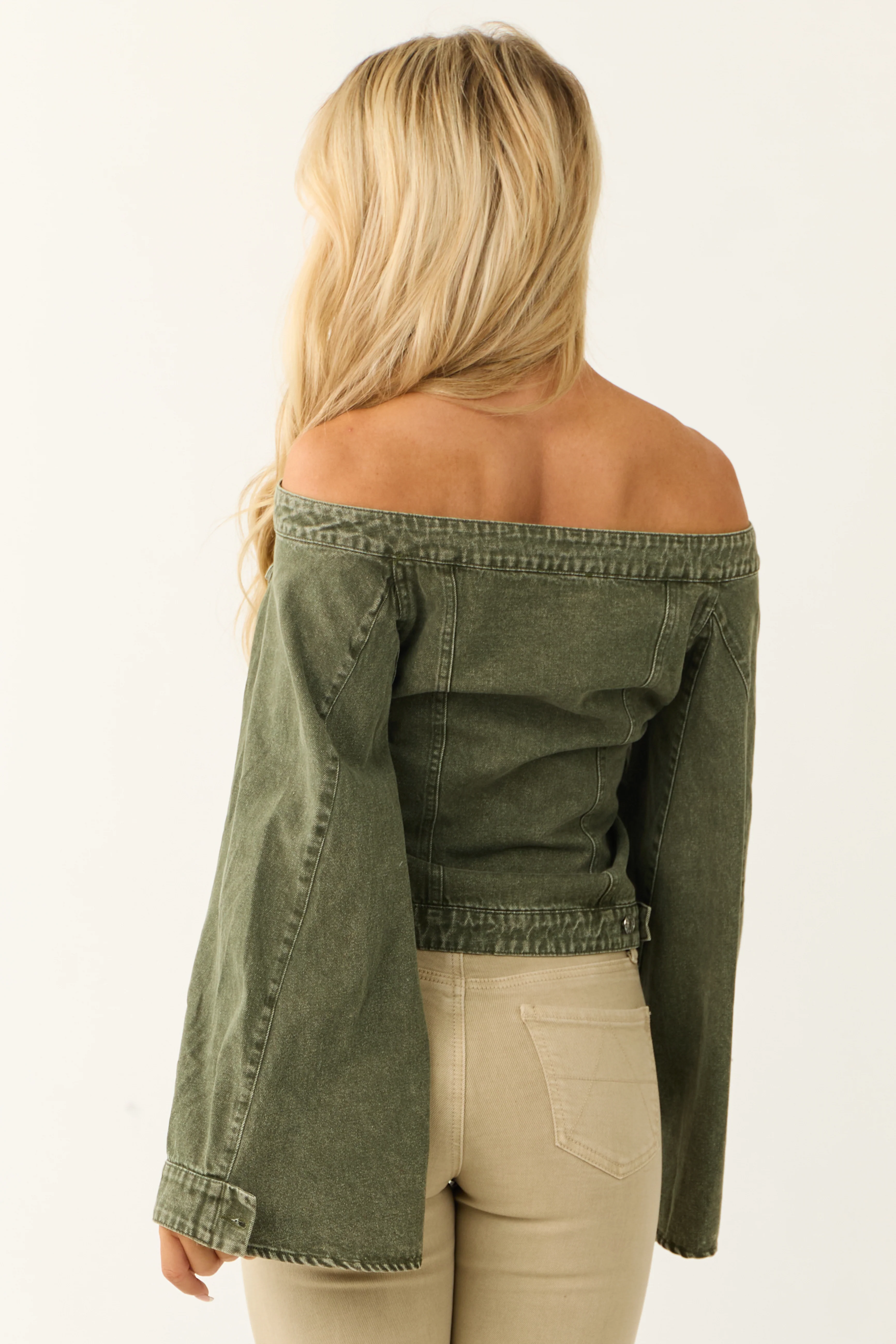 Washed Army Green Off the Shoulder Denim Jacket - LD SALE