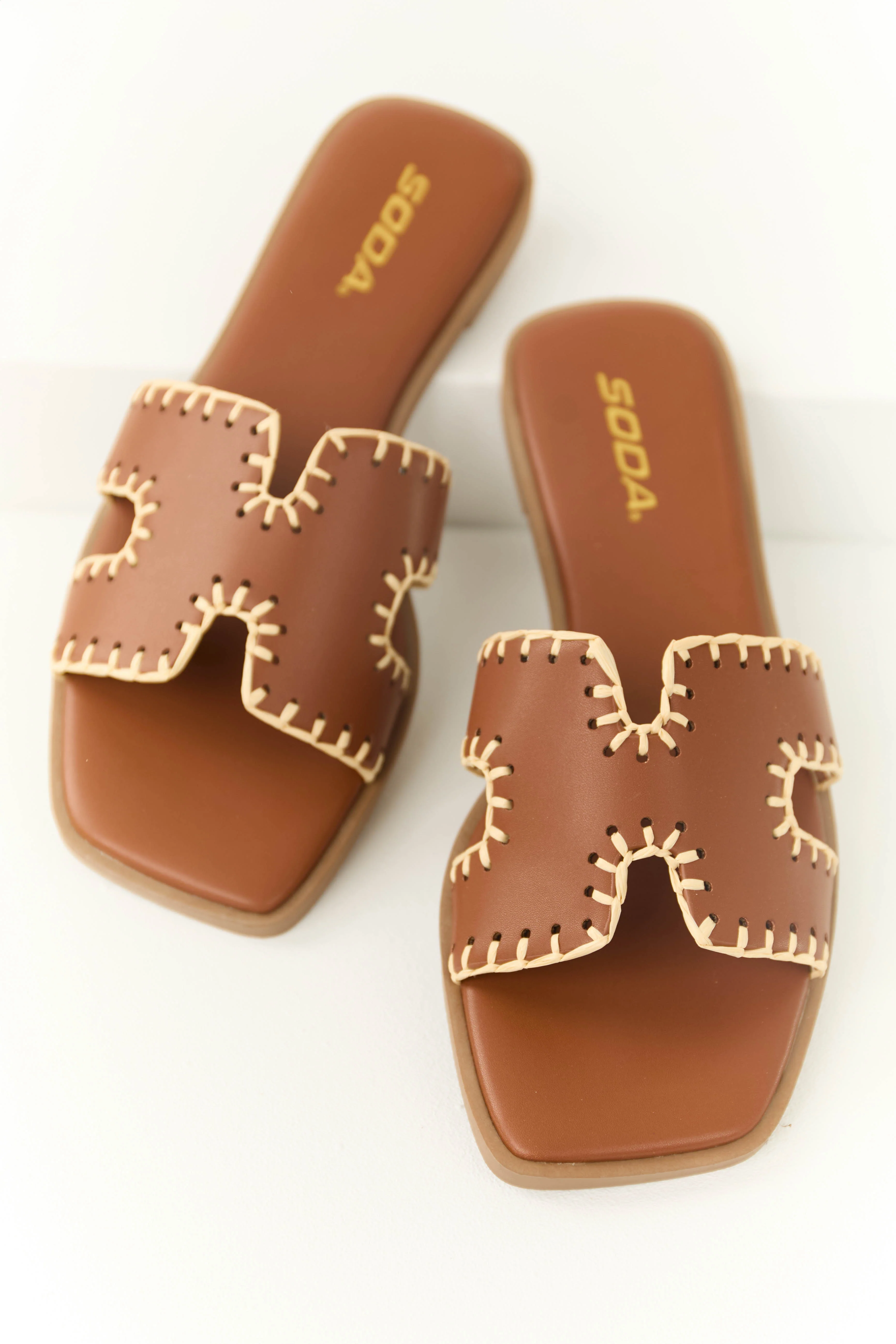 Sepia Straw Trim Cut Out Strap Slide Sandals - LD SALE