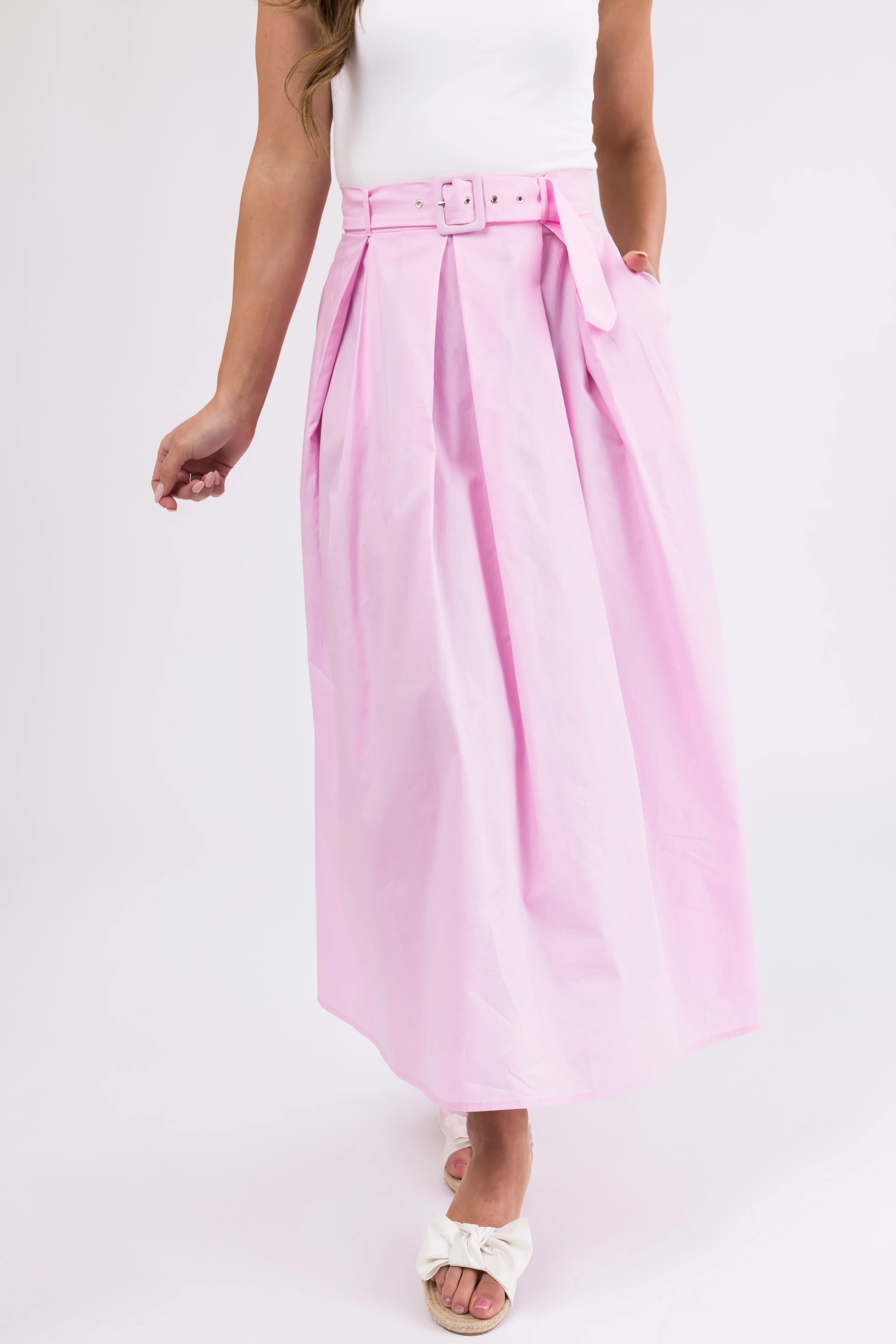 Carnation Pink Belted Woven A Line Maxi Skirt - LD SALE