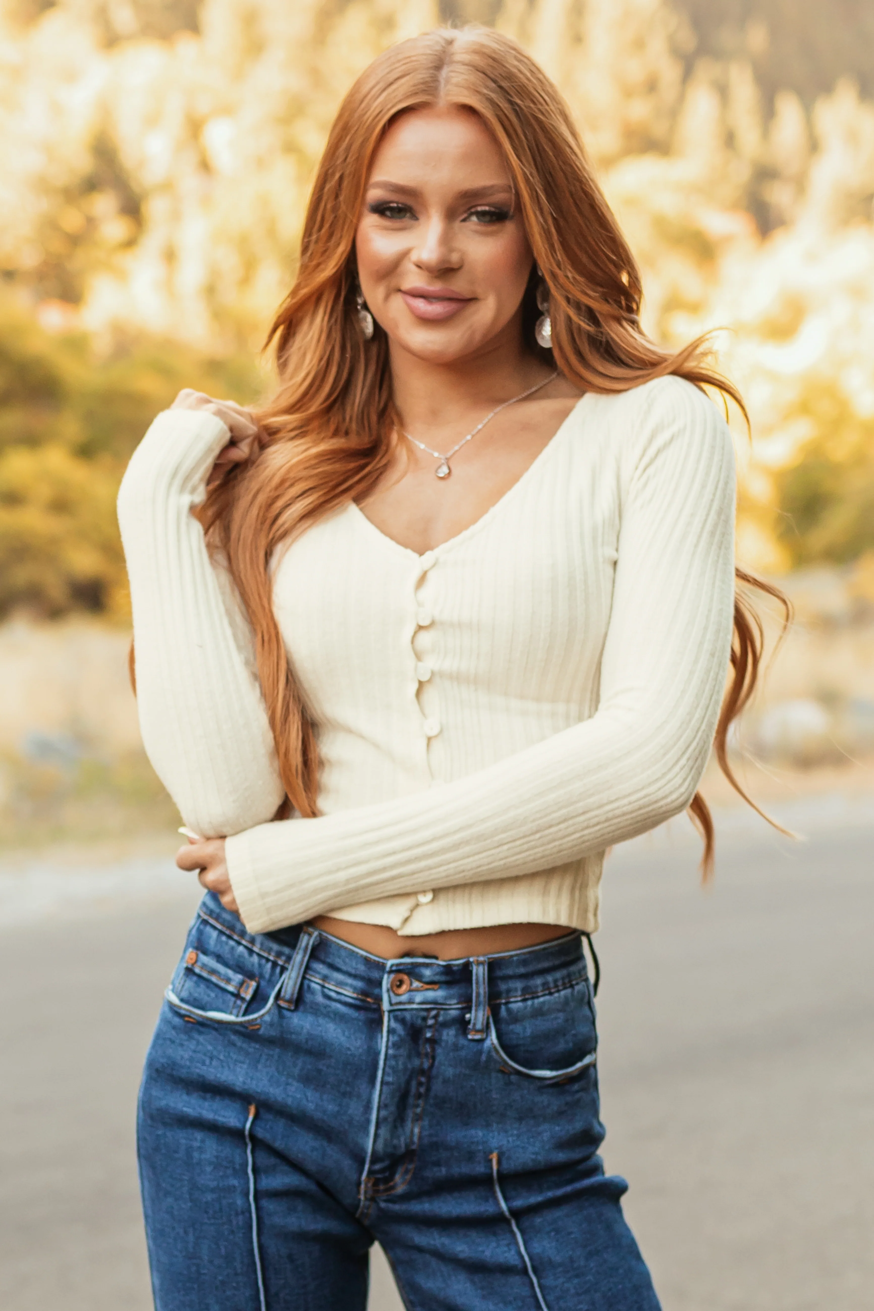 Cream Stretchy Knit Fitted Button Down Top - LD SALE