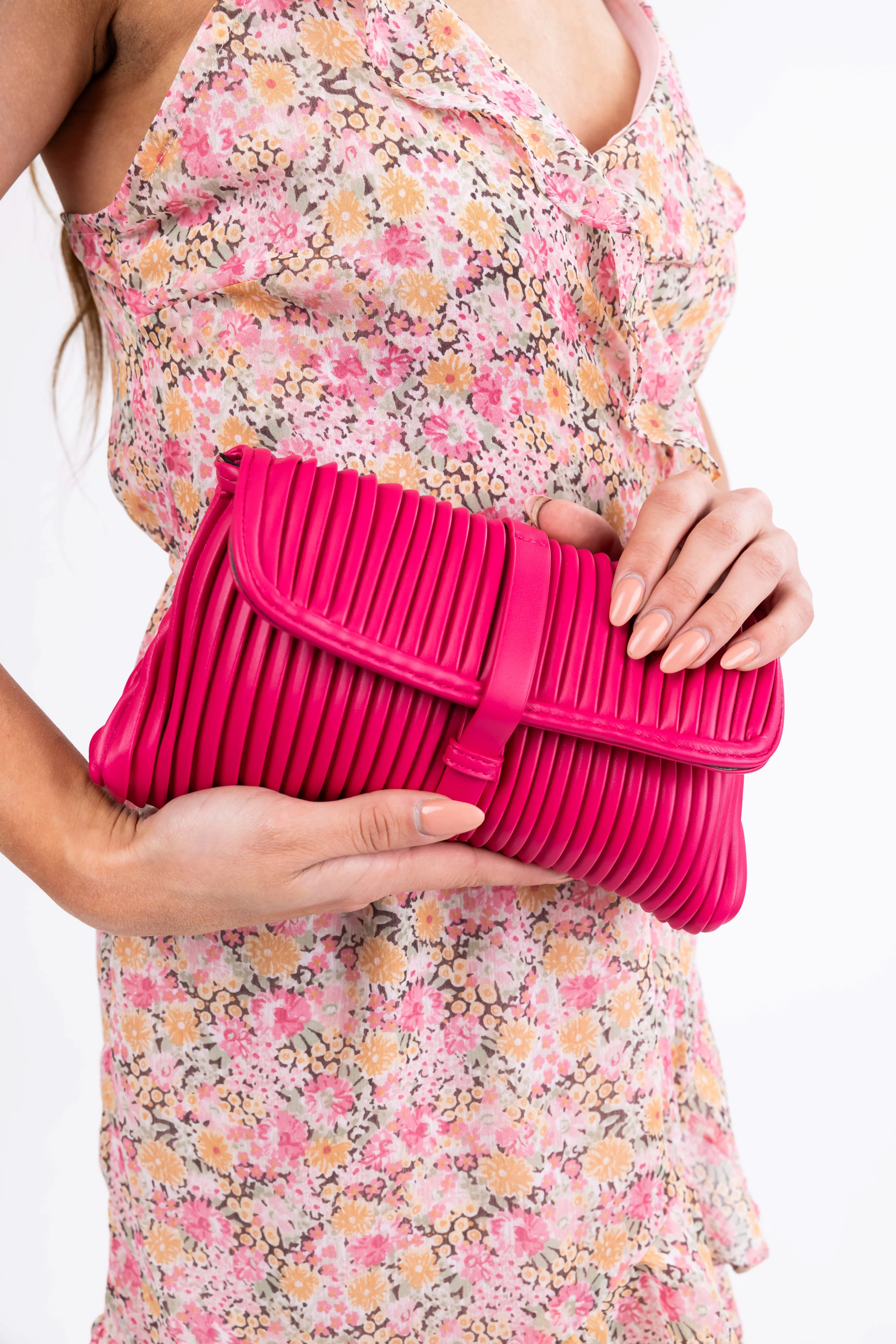 Raspberry Ribbed Faux Leather Handbag - LD SALE