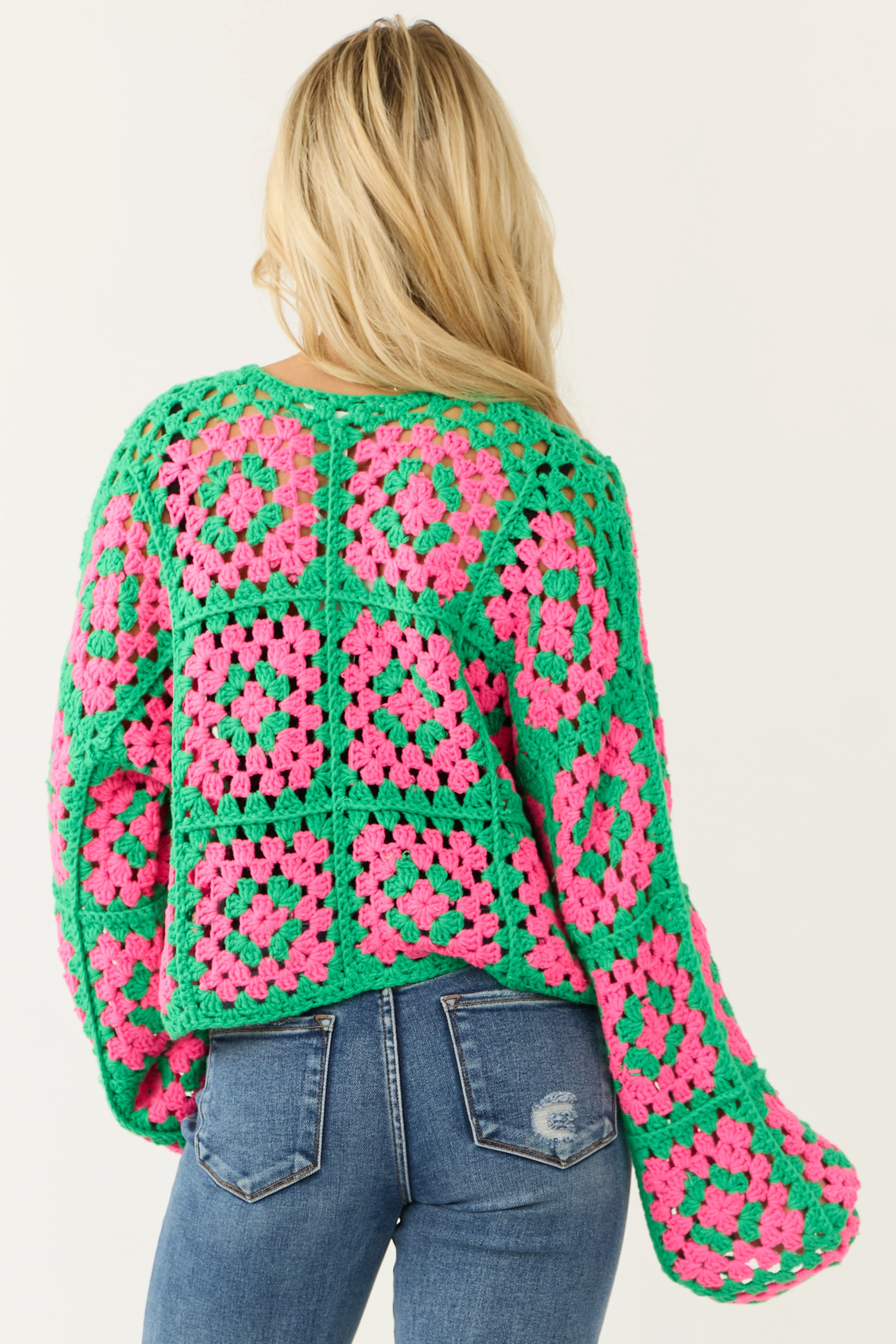 Jade Granny Square Crochet Open Cardigan - LD SALE
