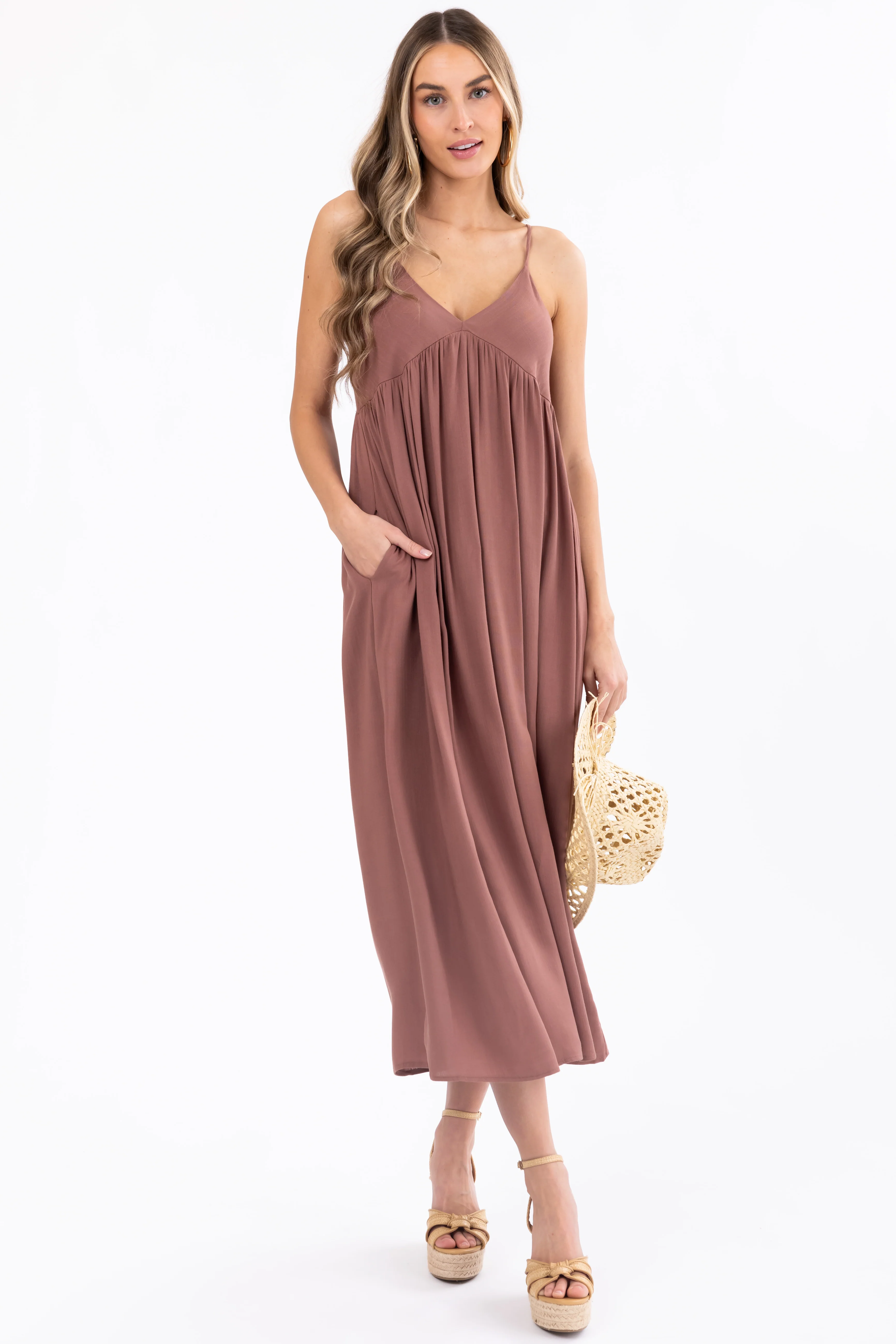 Mocha Woven Strapless Flowy Midi Dress - LD SALE