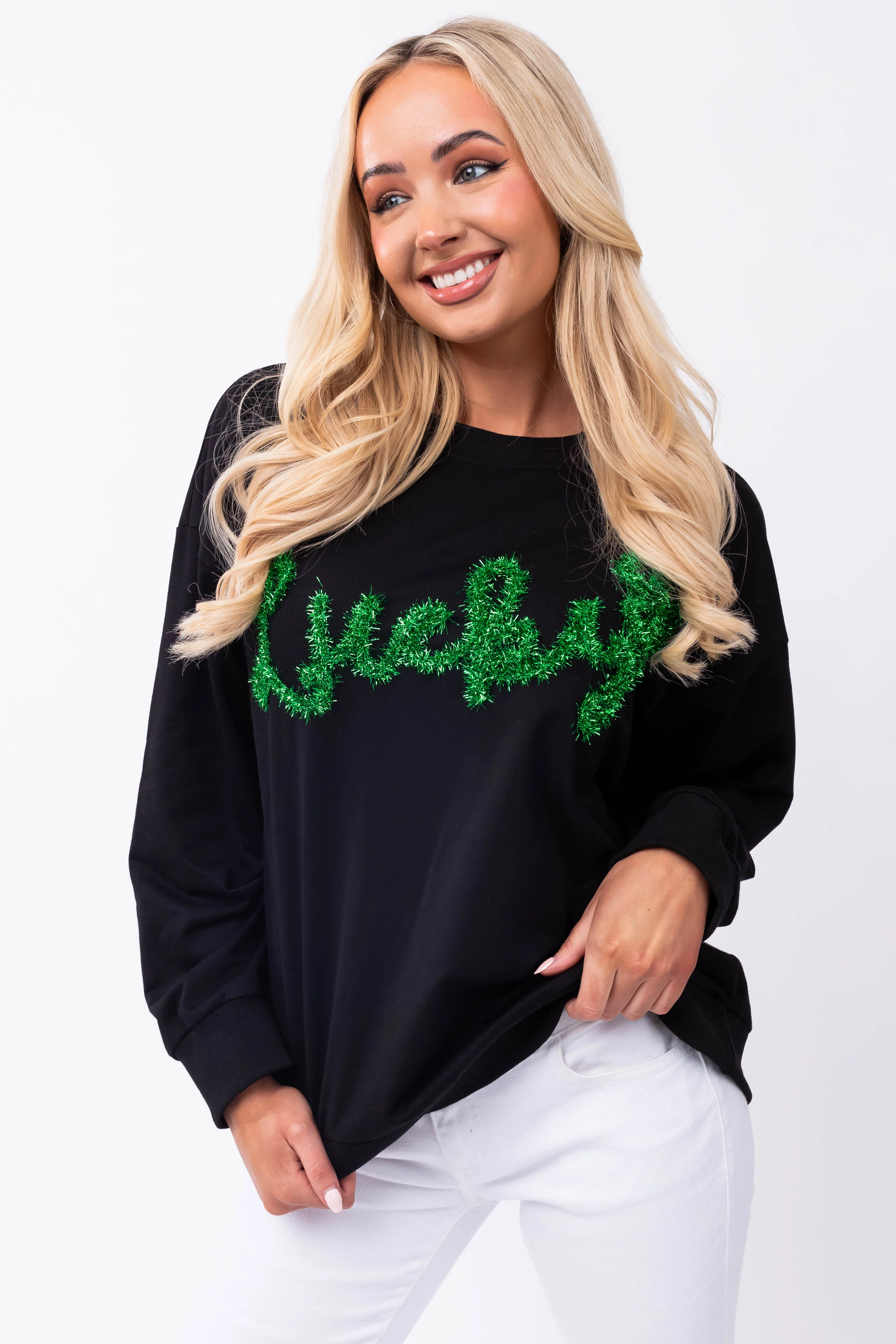 Black 'Lucky' Tinsel Lettering Pullover Top - LD SALE