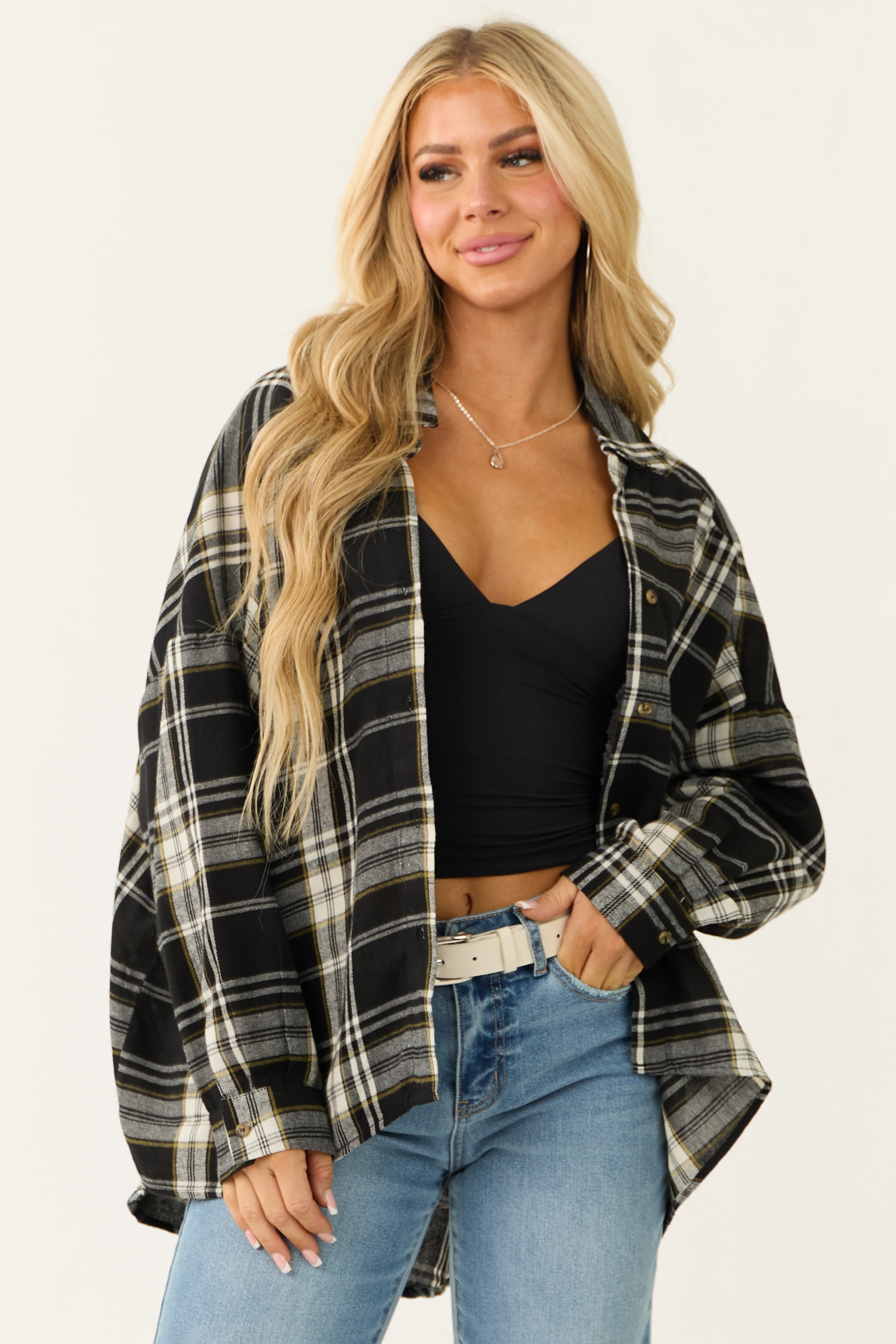 Black Plaid Button Down Long Sleeve Top - LD SALE