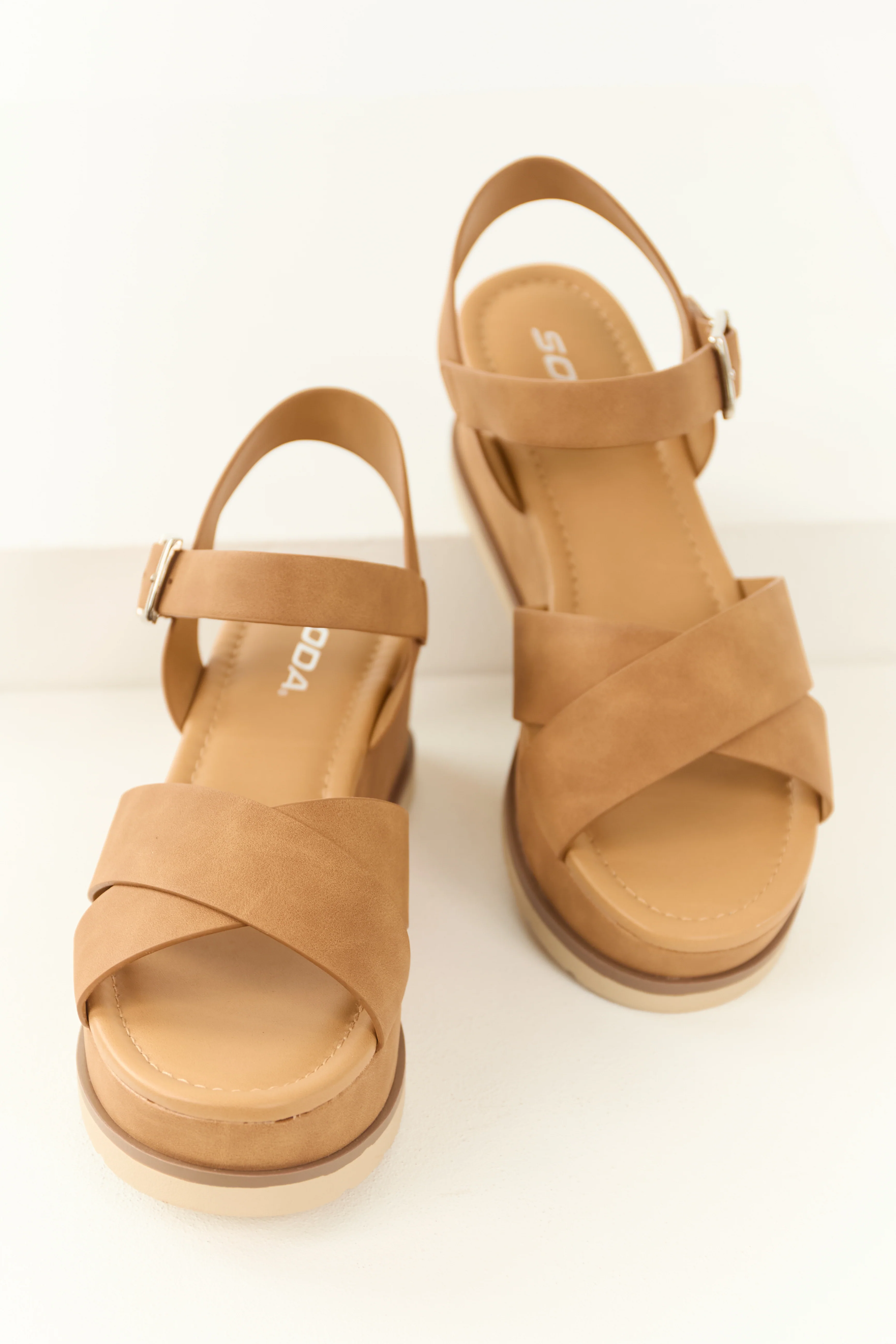Cognac Criss Cross Strap Platform Wedges - LD SALE