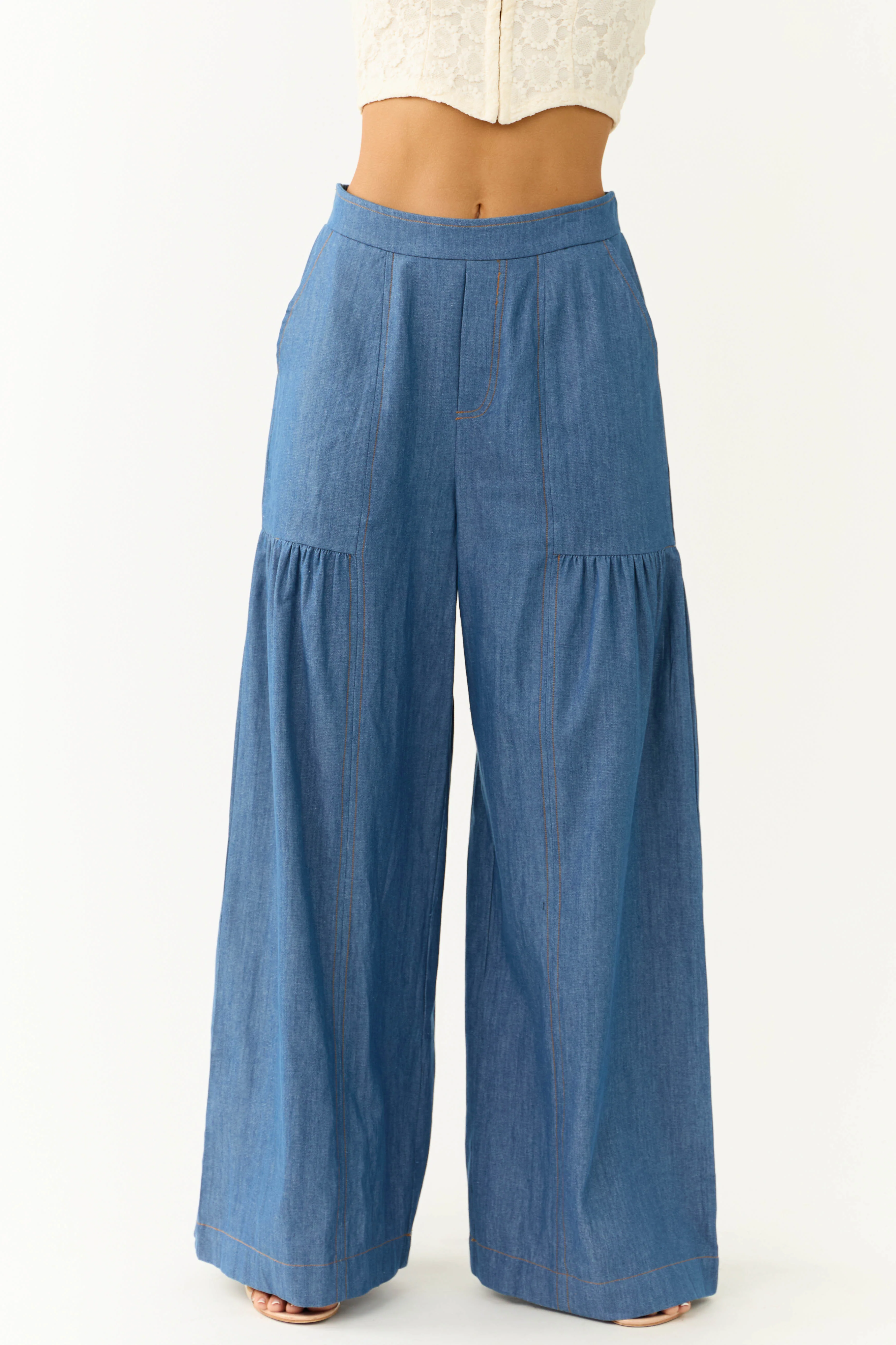 Medium Denim Smocked Waist Flare Palazzo Pants - LD SALE