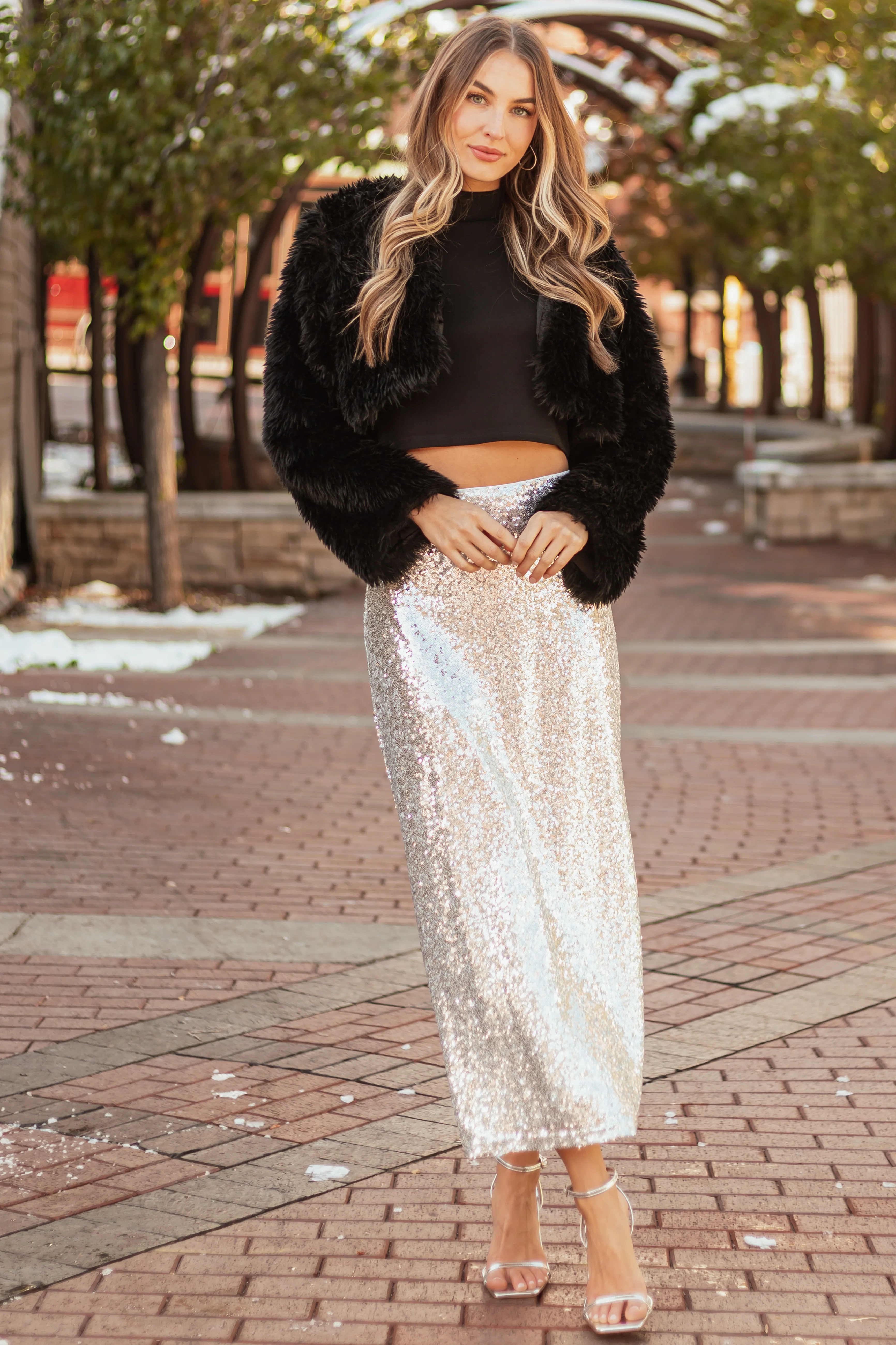 Silver Shiny Sequined Back Slit Midi Skirt - LD SALE