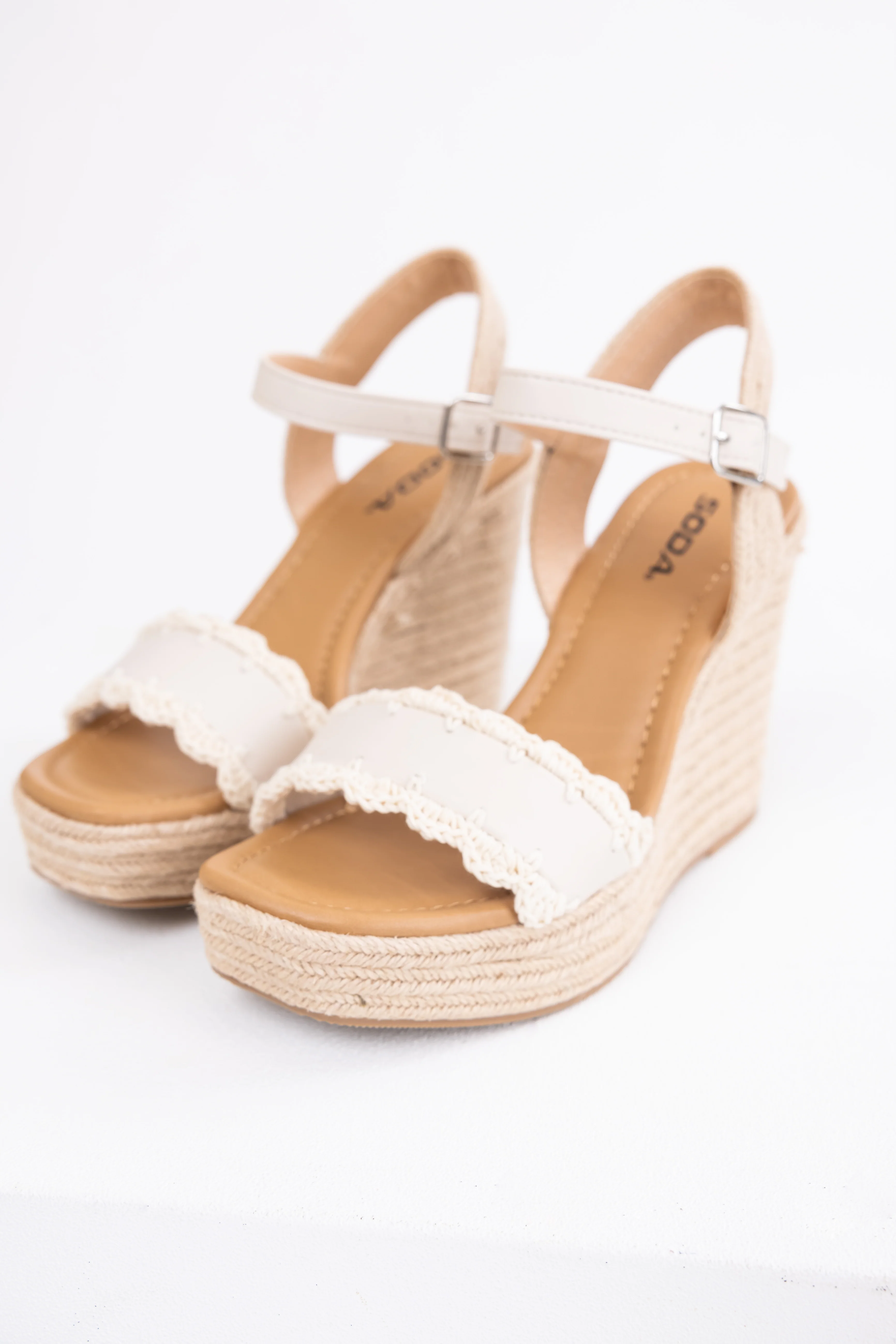 Ivory Crochet Trim Strap Espadrille Wedges - LD SALE
