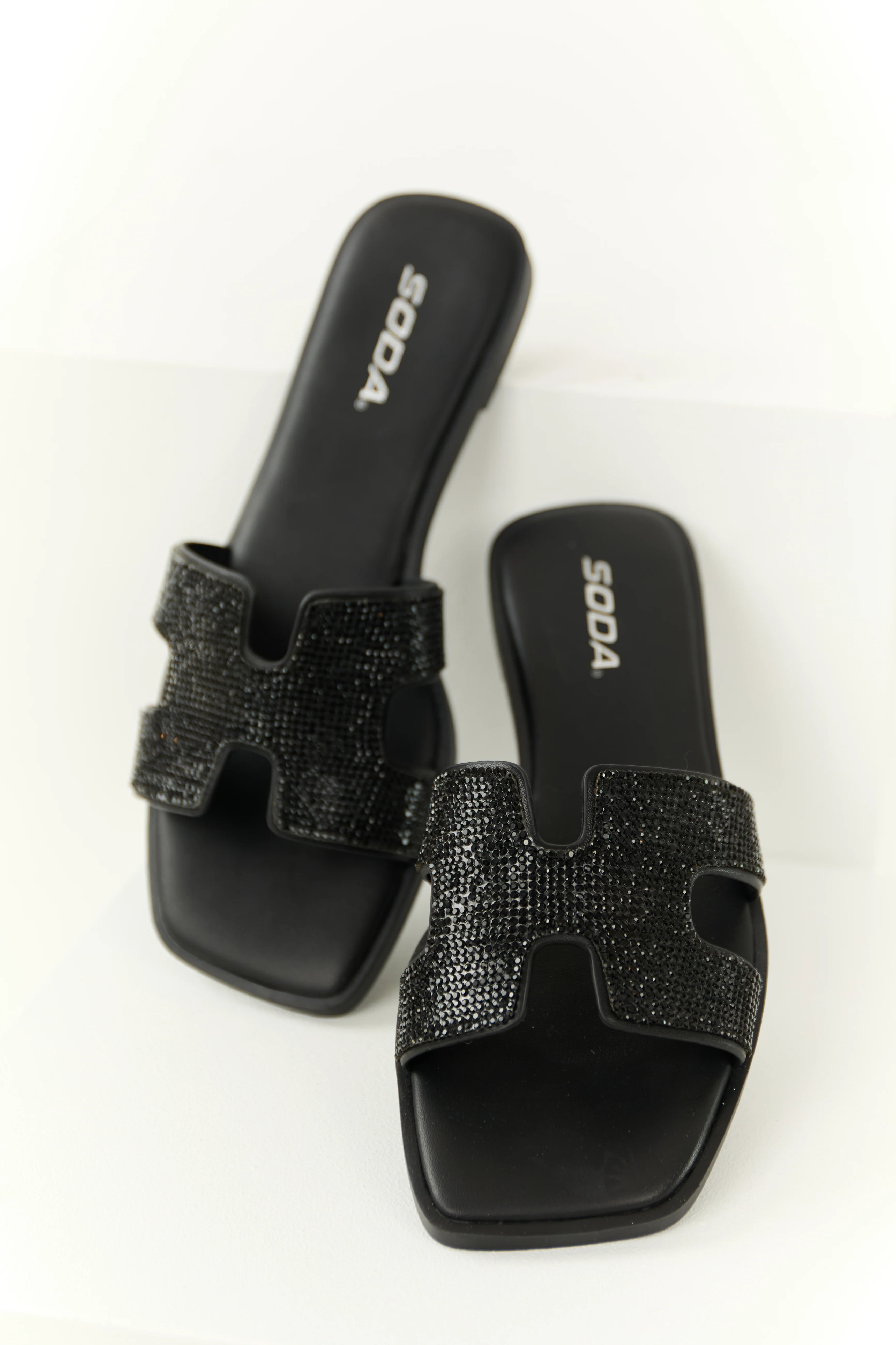 Black Rhinestone Open Toed Slip On Sandals - LD SALE