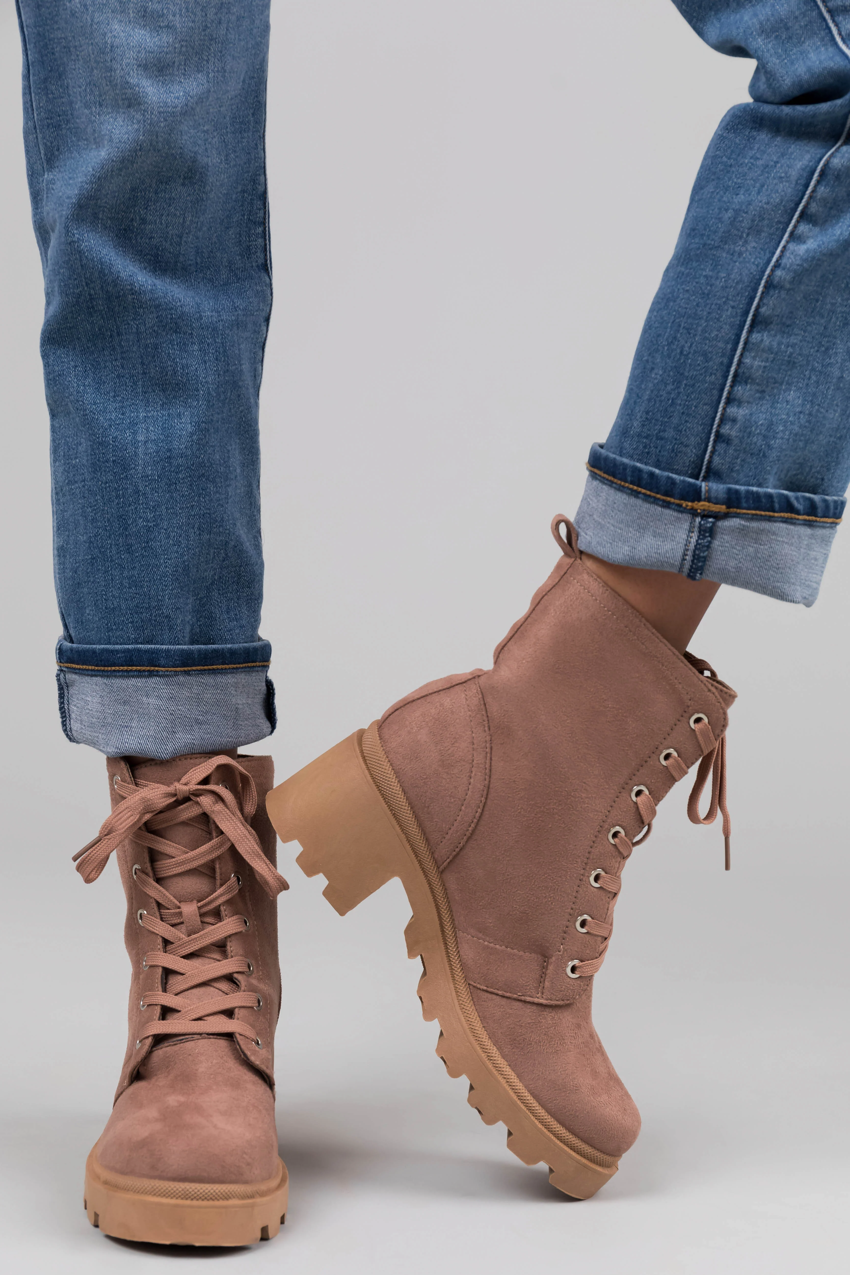 Rose Taupe Suede Lace Up Combat Boot - LD SALE