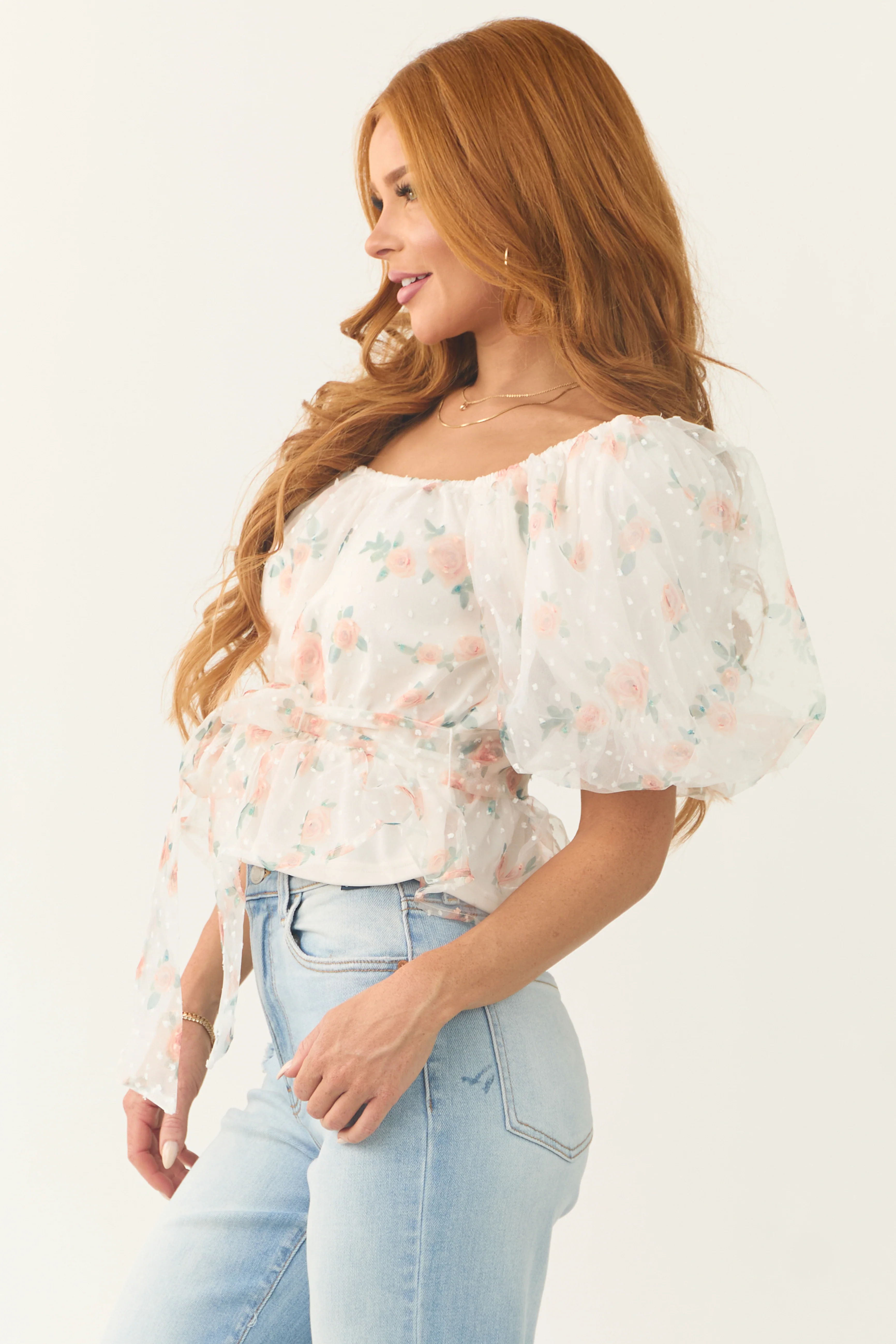 Ivory Tulle Floral Print Puff Sleeve Top - LD SALE