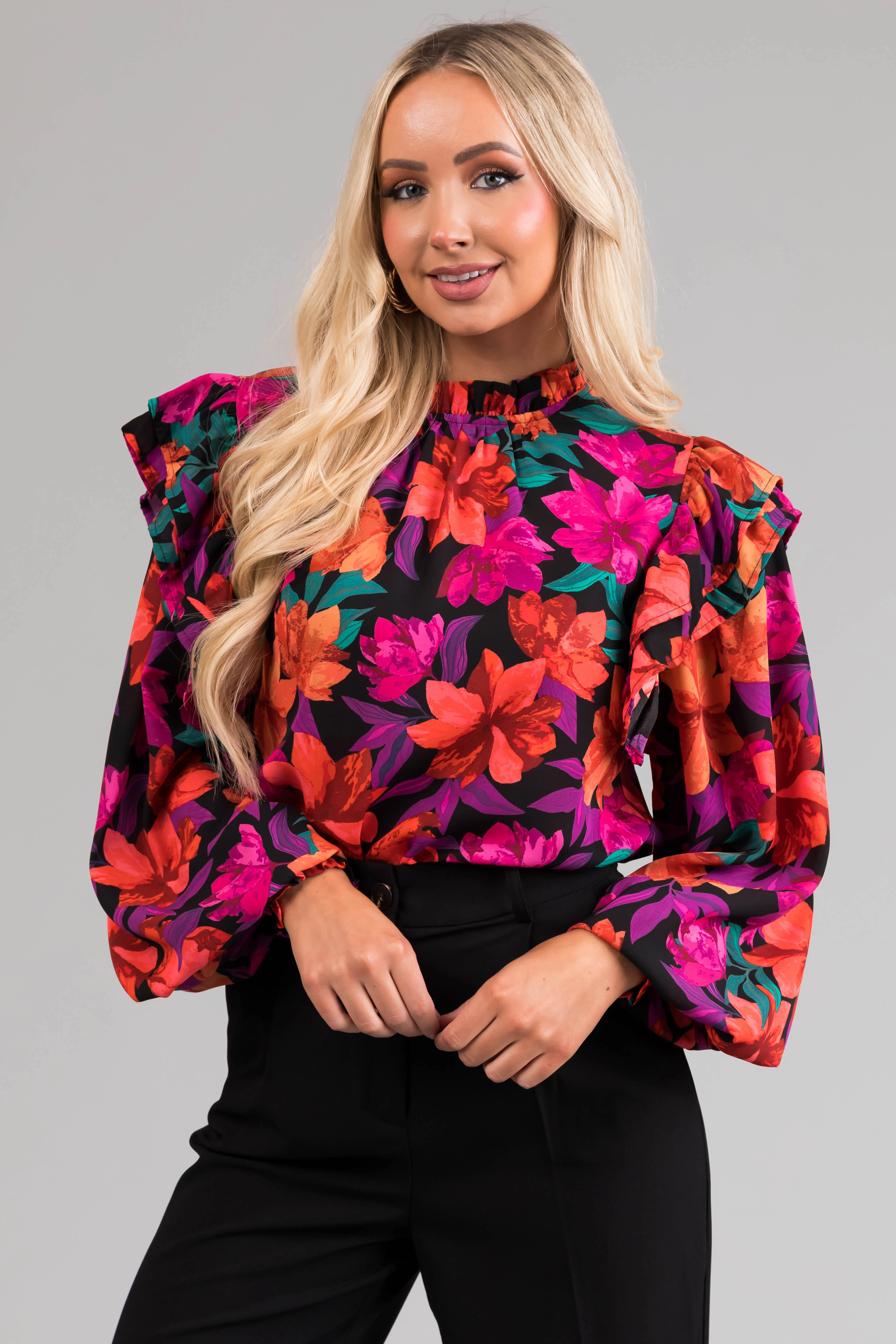 Flying Tomato Black Floral Print Ruffle Top - LD SALE