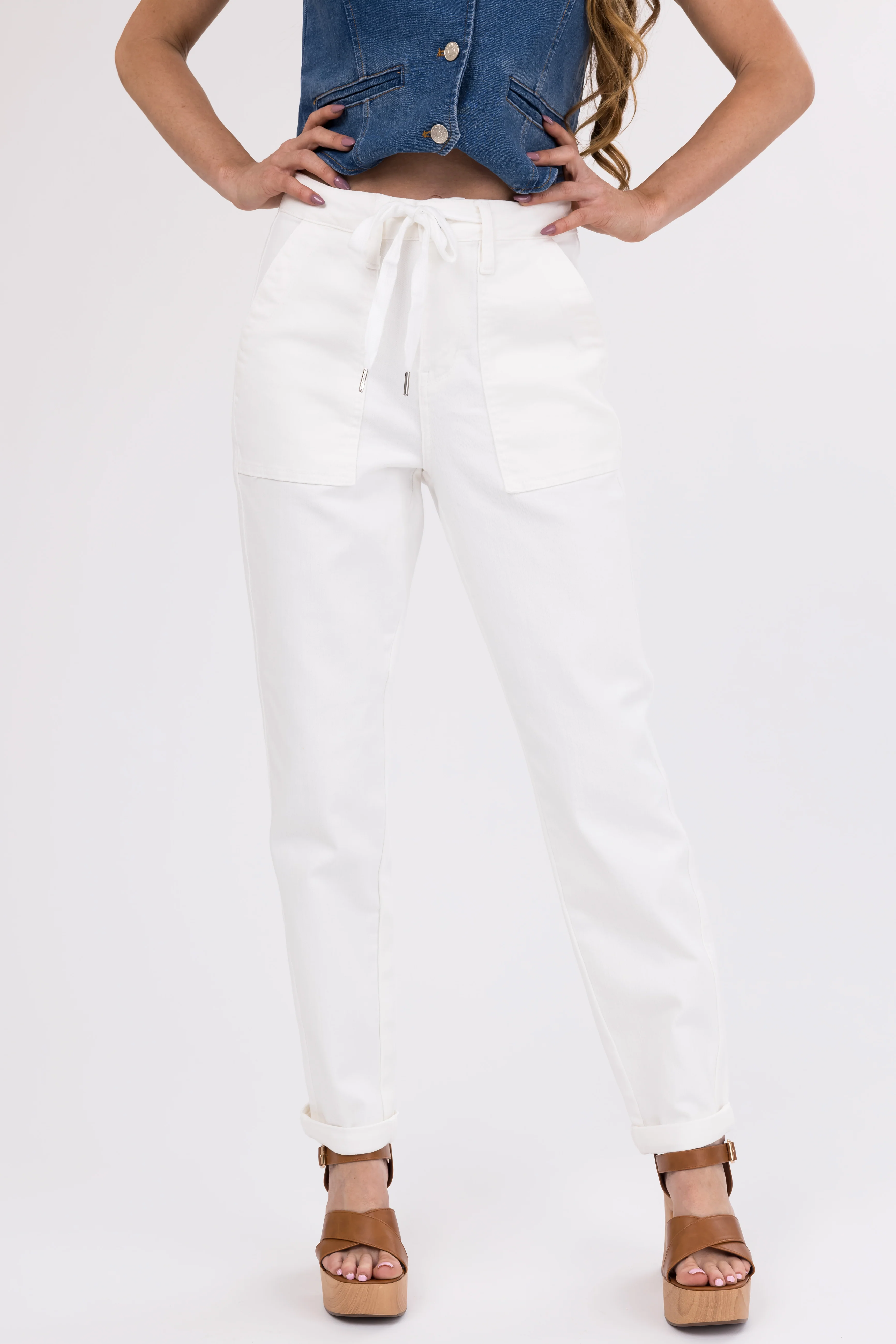 Judy Blue Ivory Drawstring High Waist Jeans - LD SALE