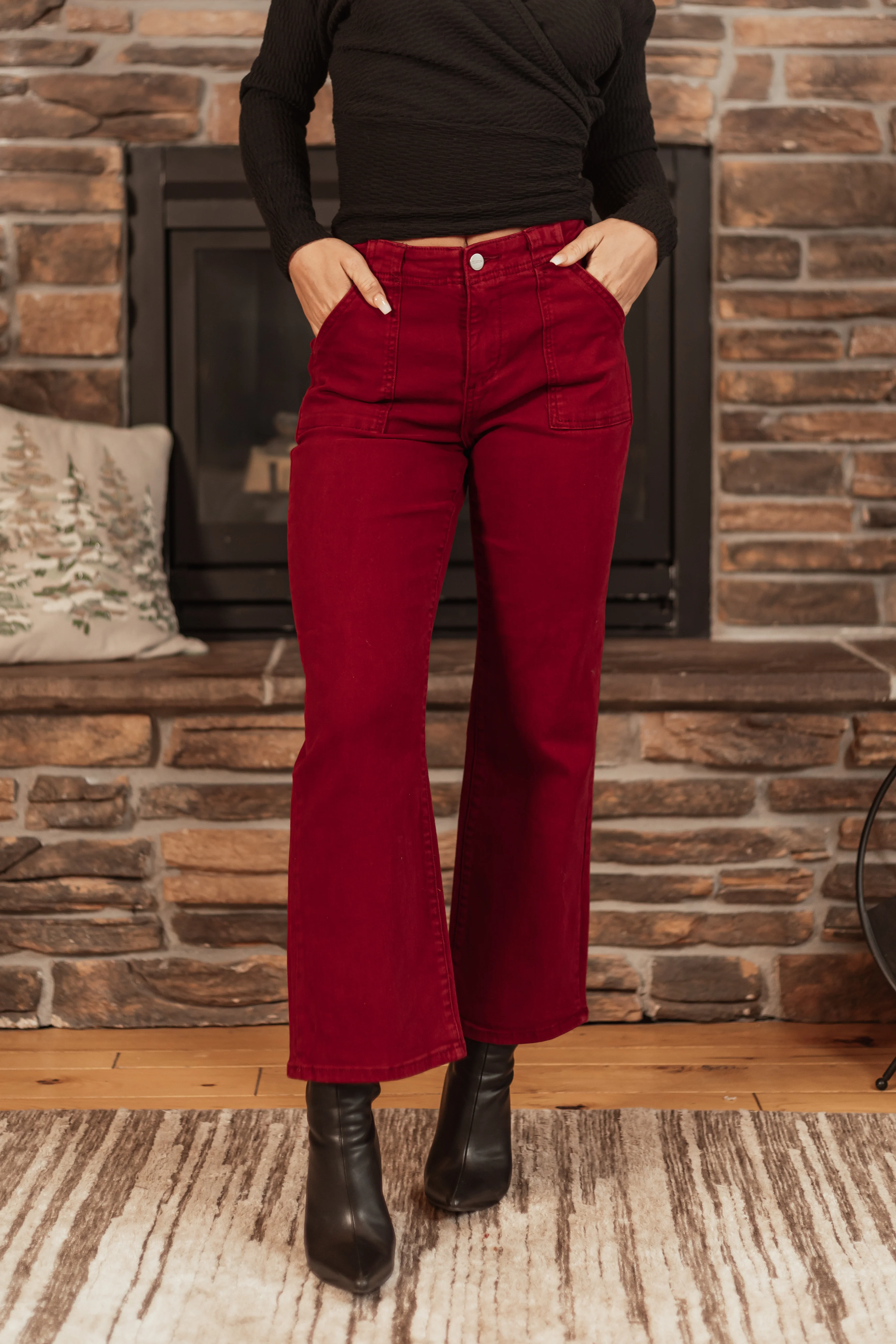 Risen Burgundy Patch Pocket Straight Ankle Jeans - LD SALE