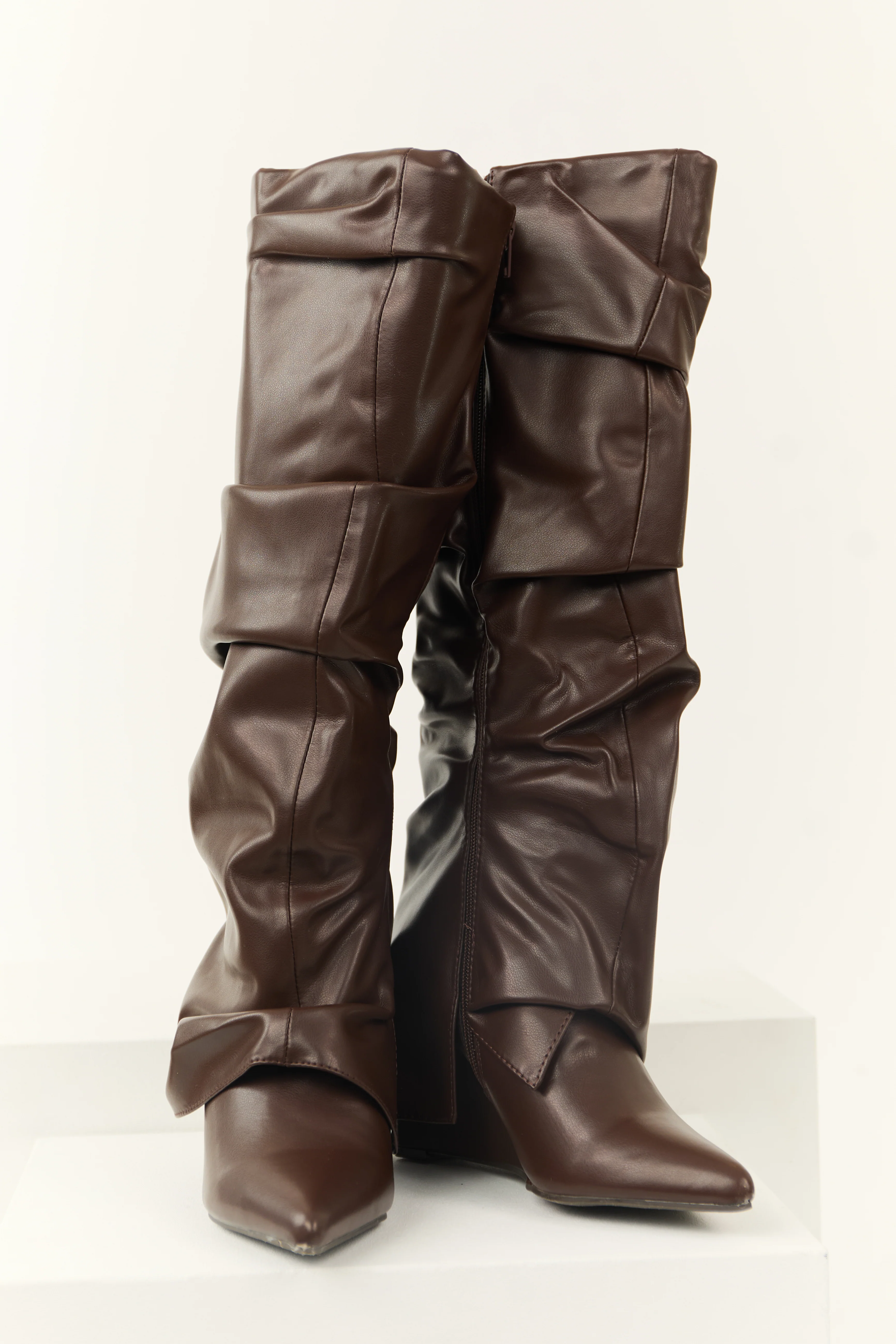 Chocolate Faux Leather Slouchy Knee High Boots - LD SALE