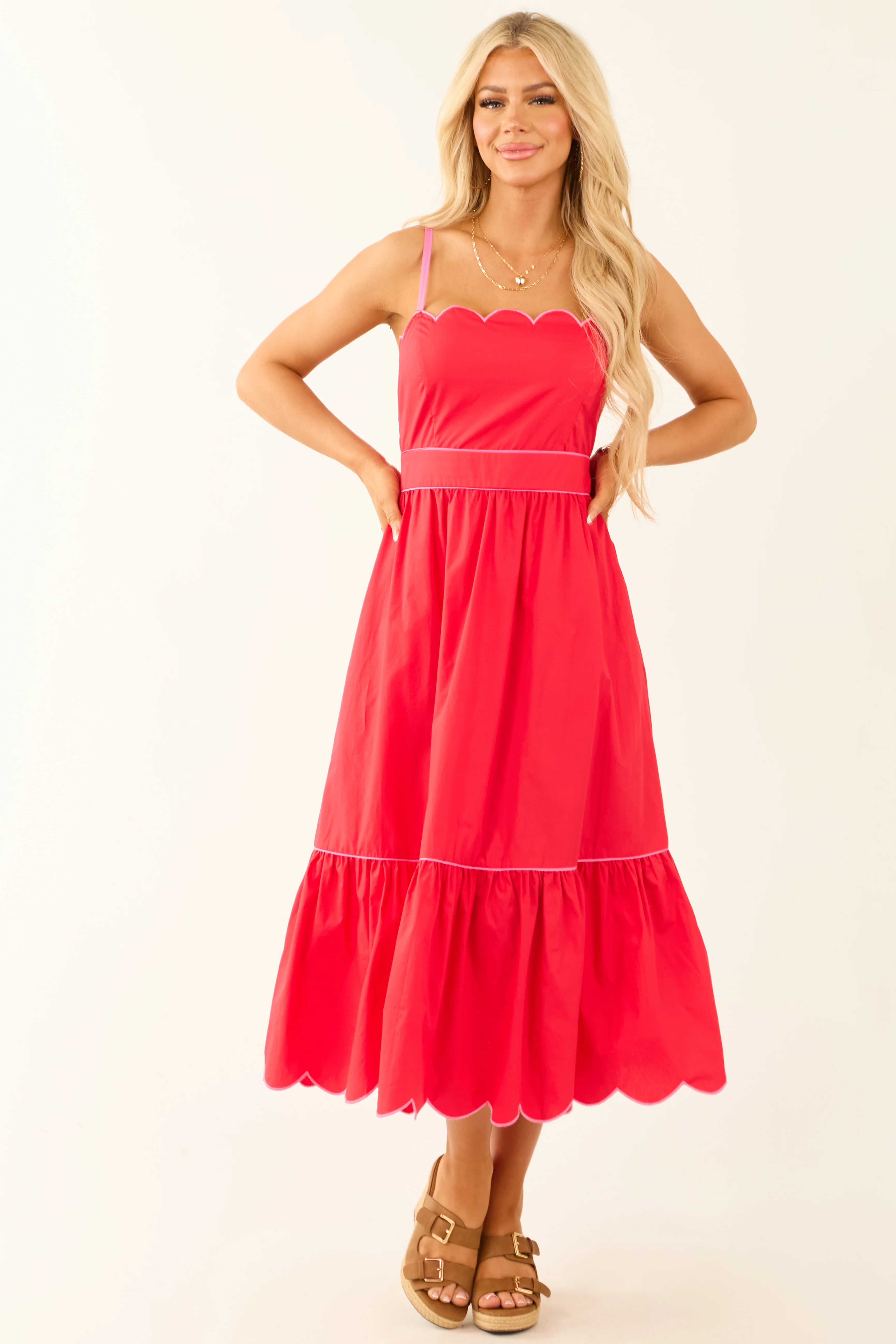 Flying Tomato Poppy Red Contrast Trim Midi Dress - LD SALE