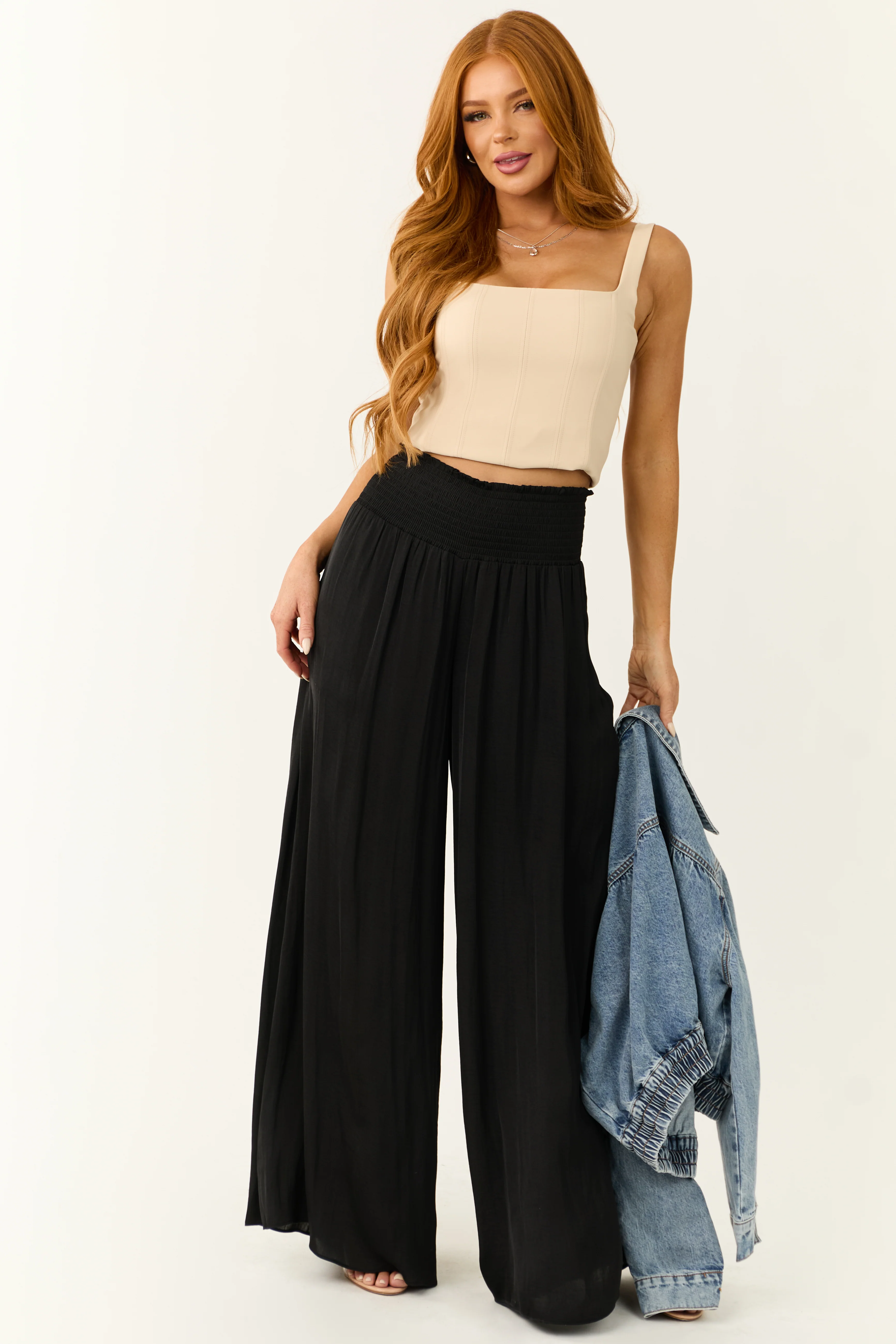 Black Wide Leg Smocked High Rise Pants - LD SALE