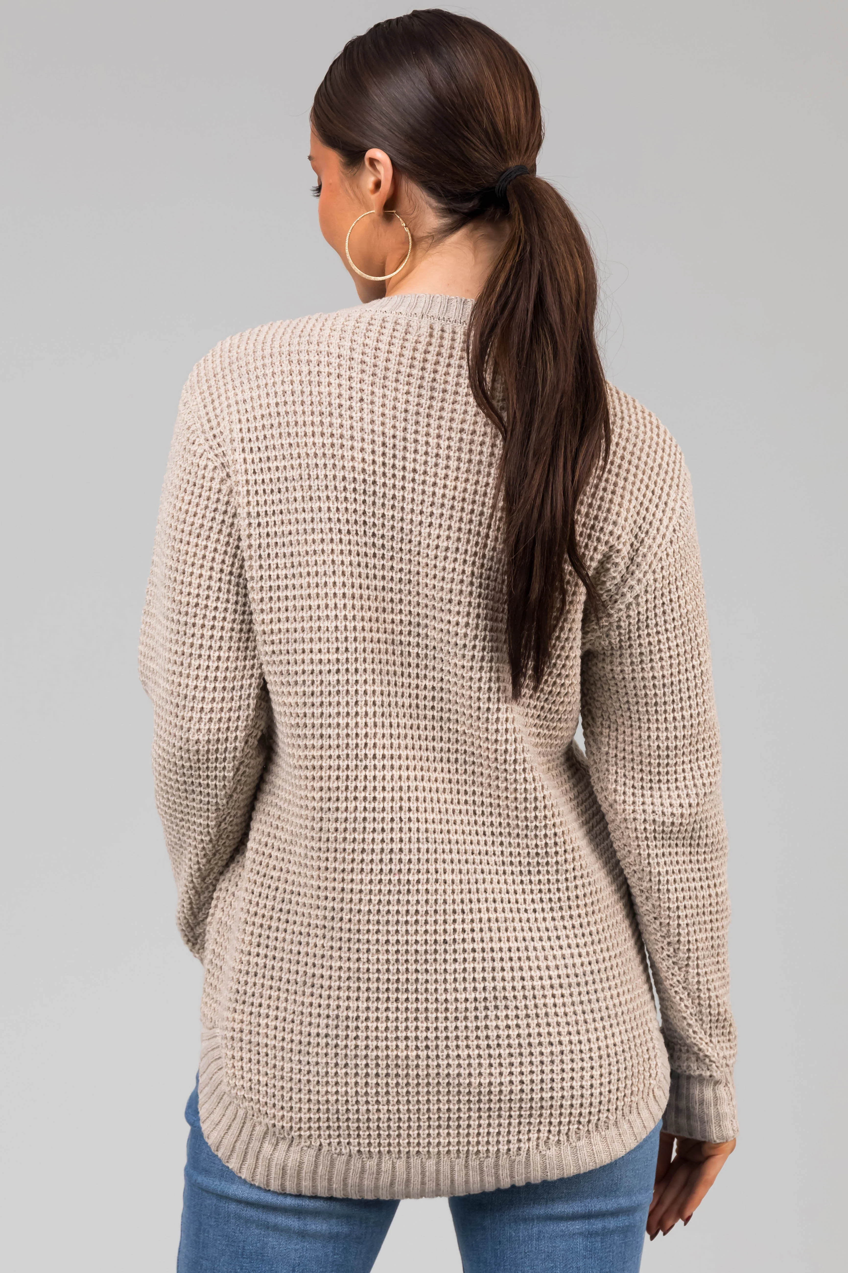 Oatmeal Thick Waffle Knit Curved Hem Sweater - LD SALE