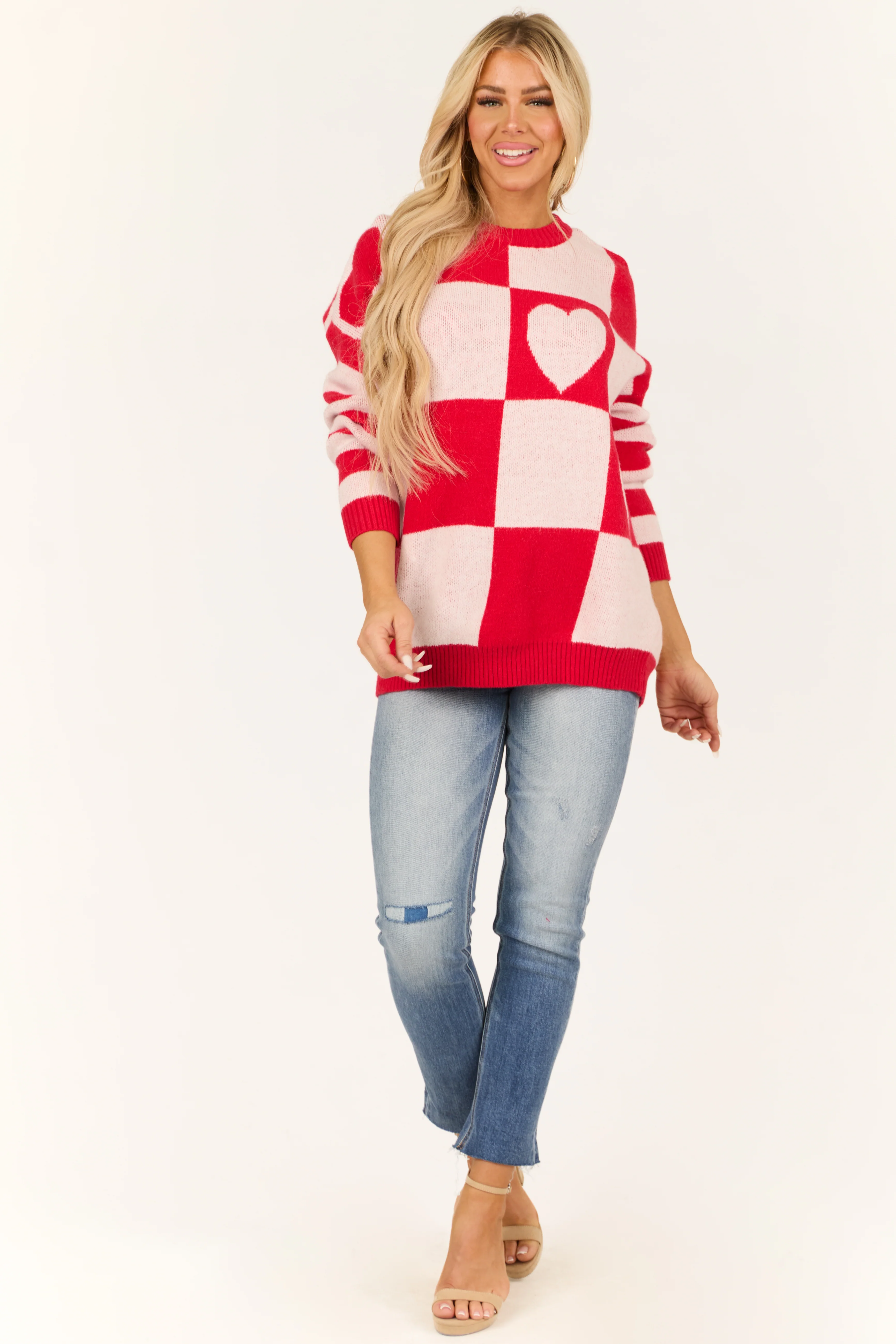 Lipstick Checkered Heart Contrast Print Sweater - LD SALE