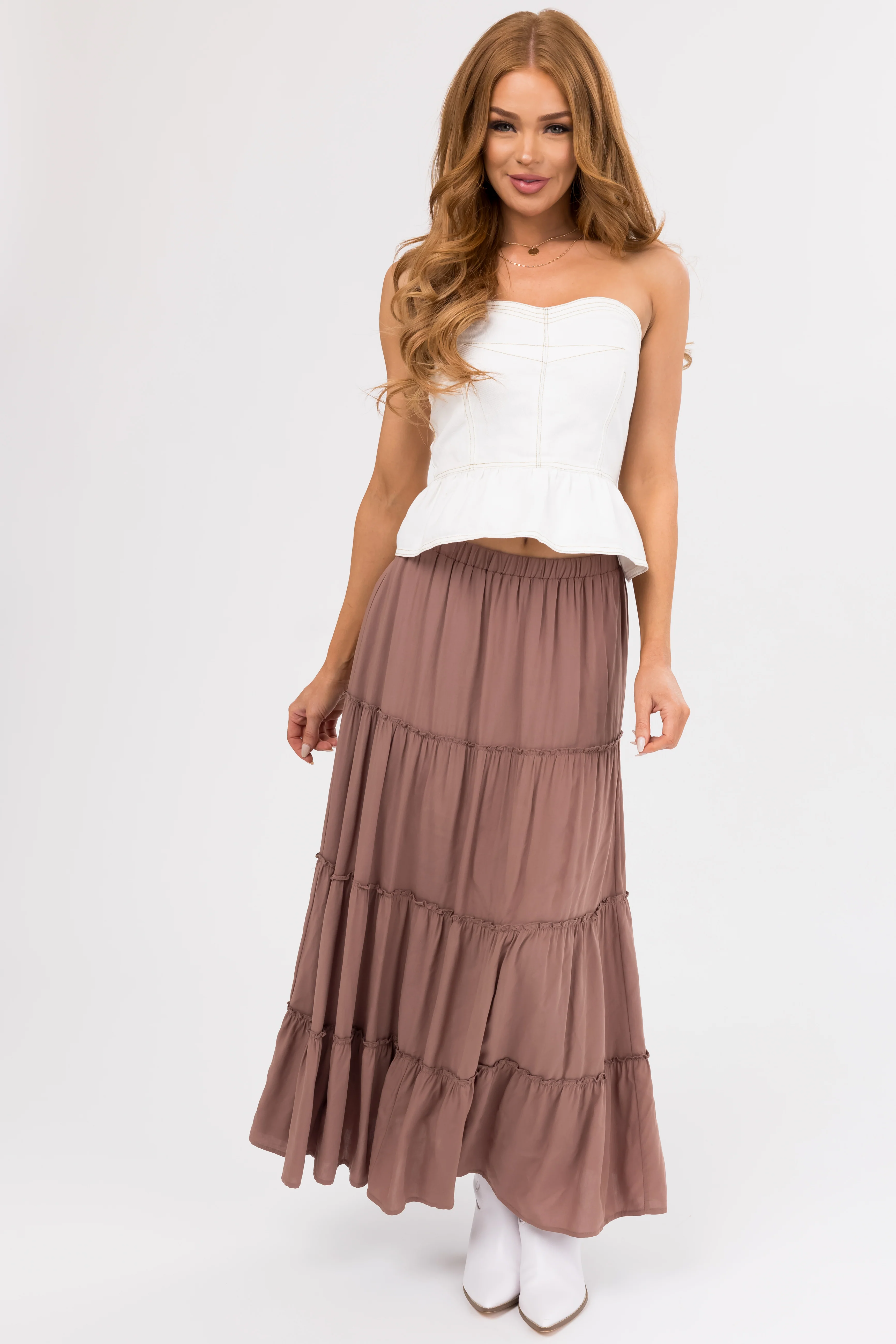 Coffee Tiered Elastic Waist Woven Maxi Skirt - LD SALE