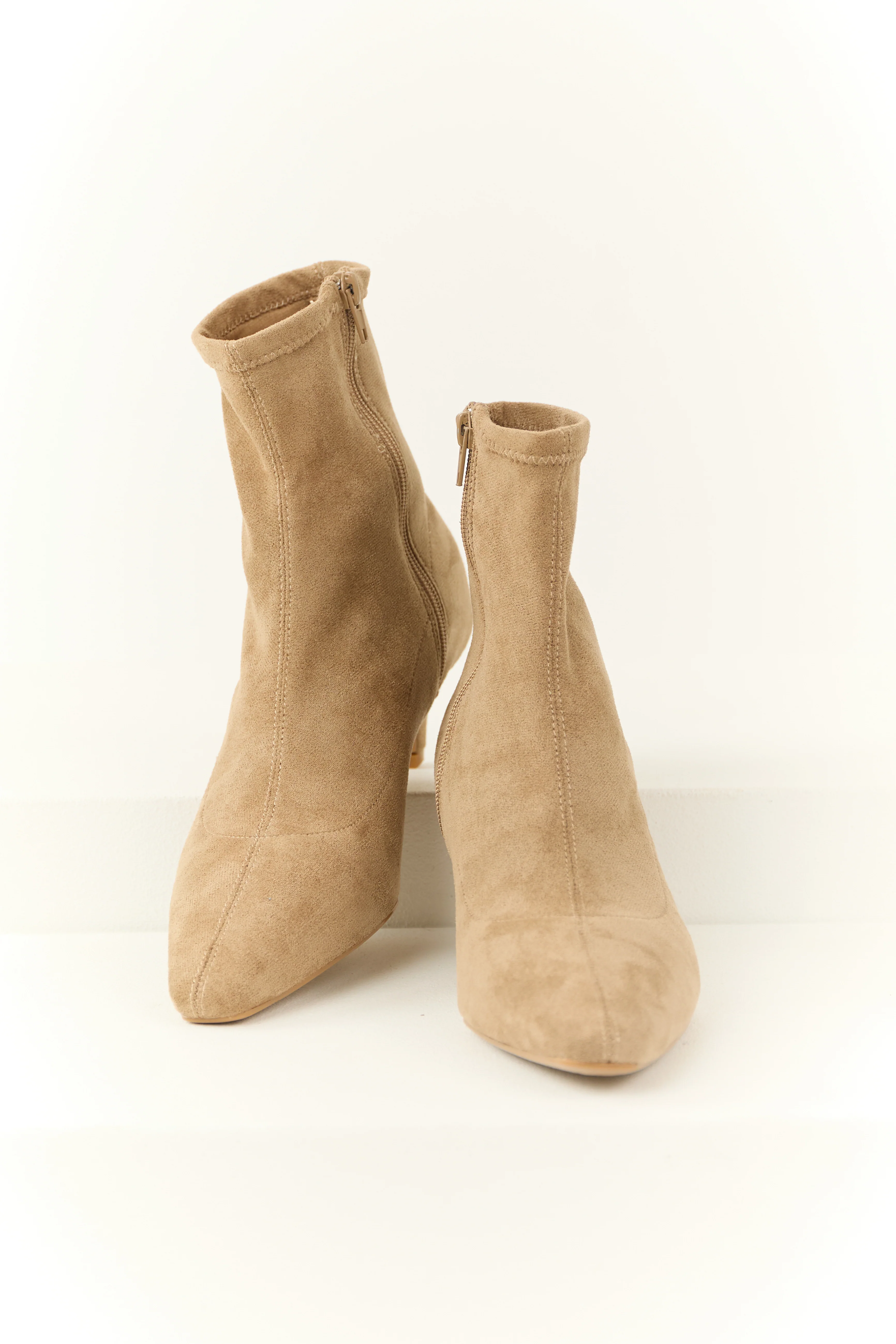 Latte Faux Suede Pointed Toe Ankle Booties with Heel - LD SALE