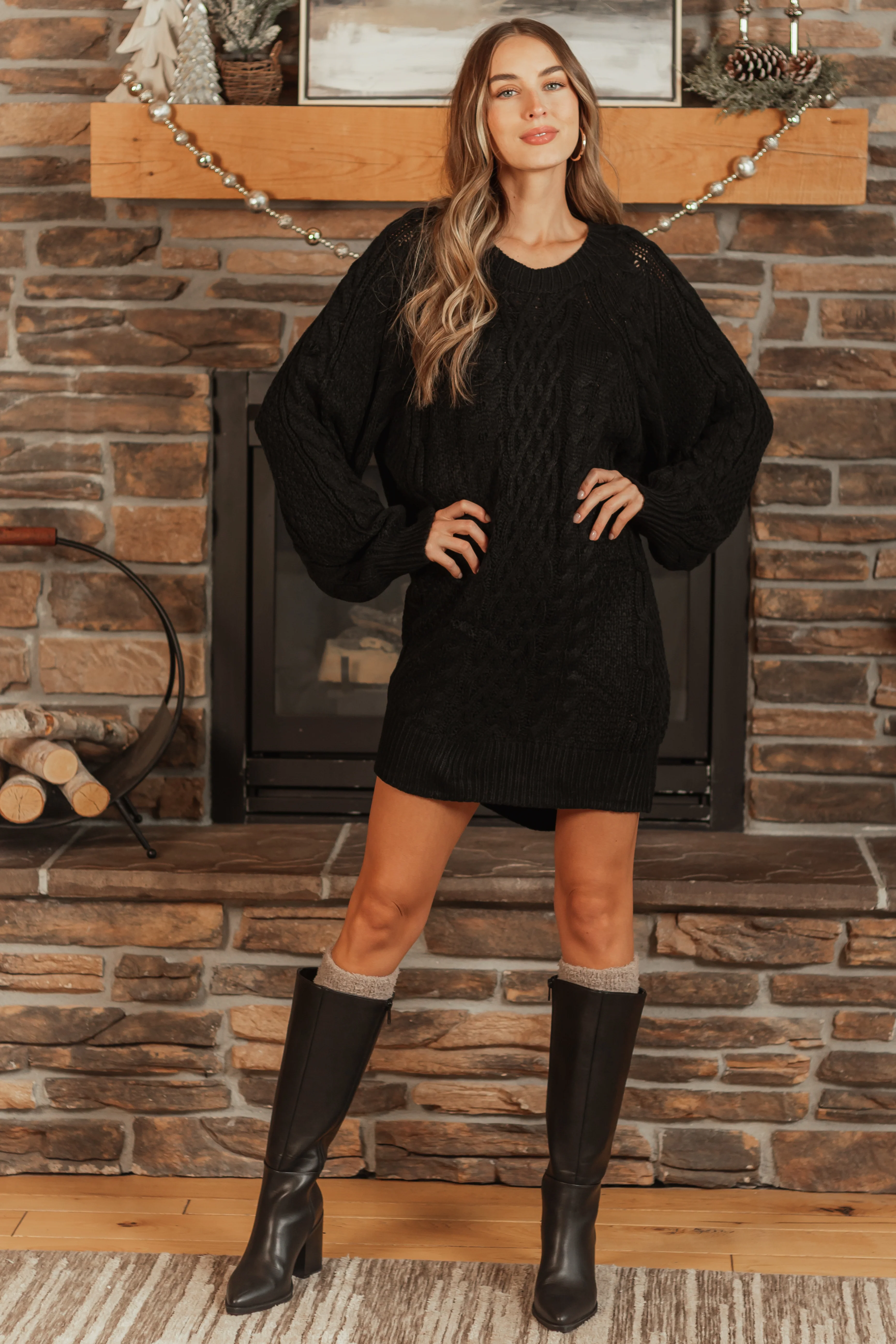 Black Long Balloon Sleeve Short Sweater Dress - LD SALE