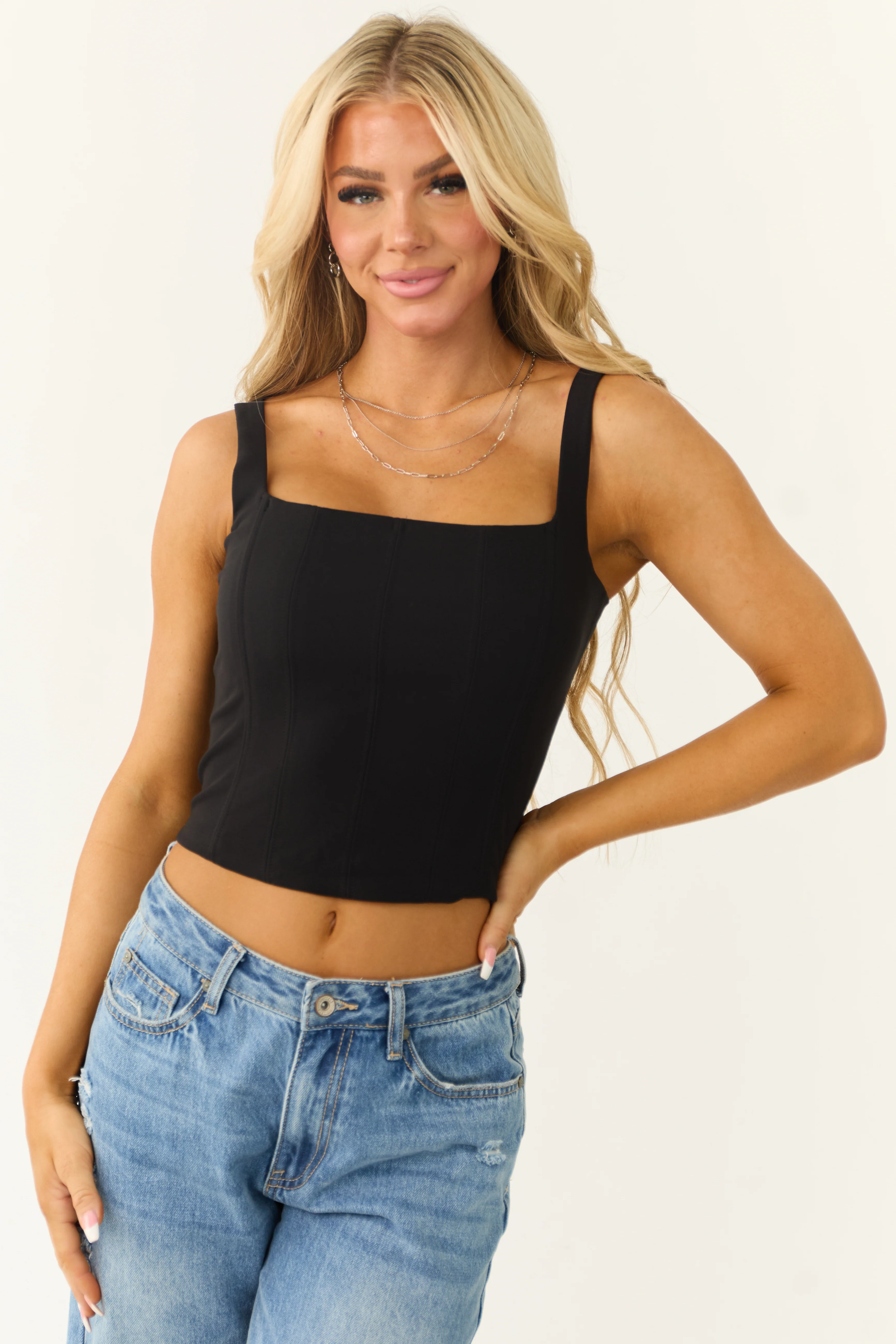 Black Square Neck Bustier Tank Top - LD SALE