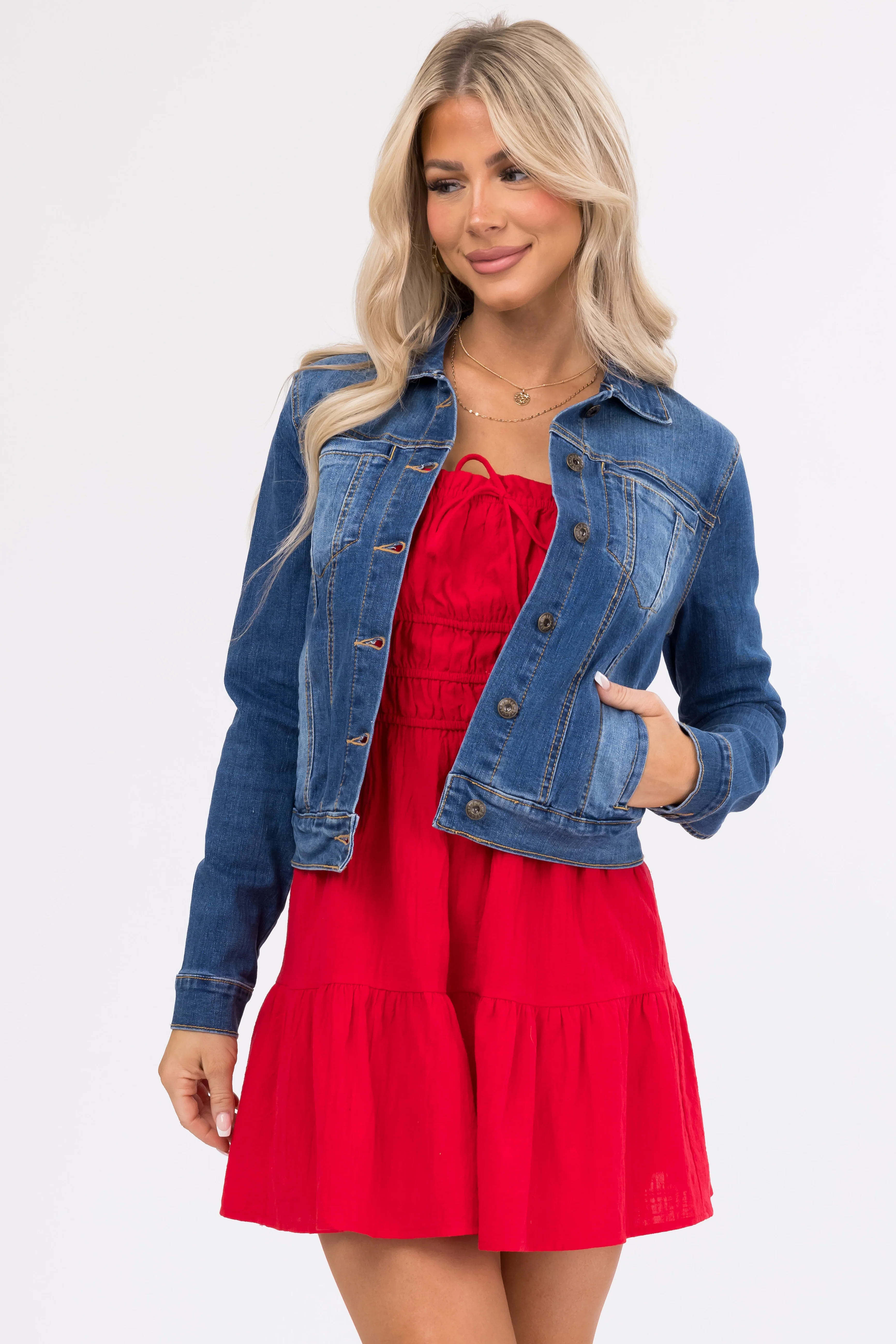 Medium Wash Long Sleeve Button Up Denim Jacket - LD SALE