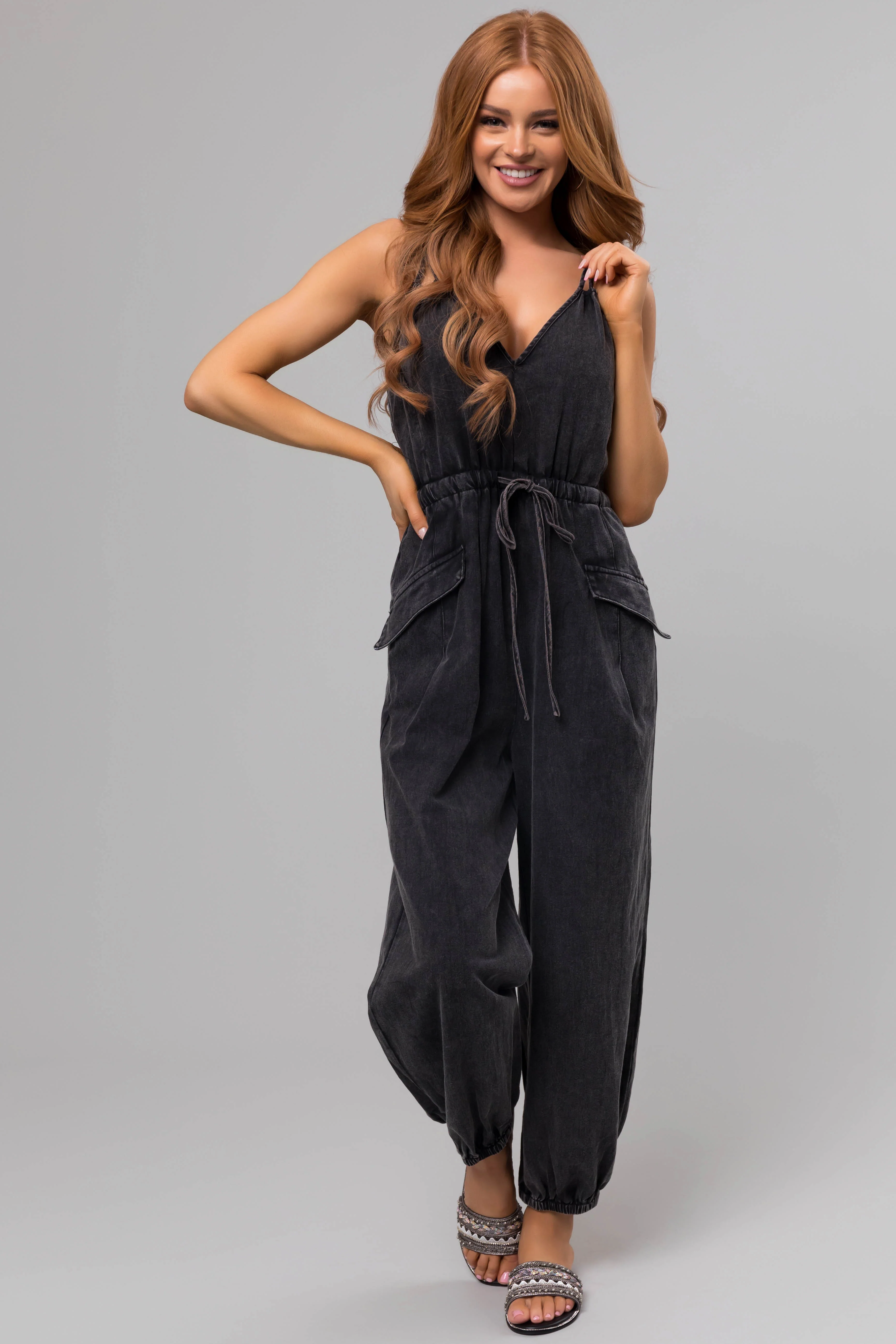 Washed Black Drawstring Sleeveless Jumpsuit - LD SALE