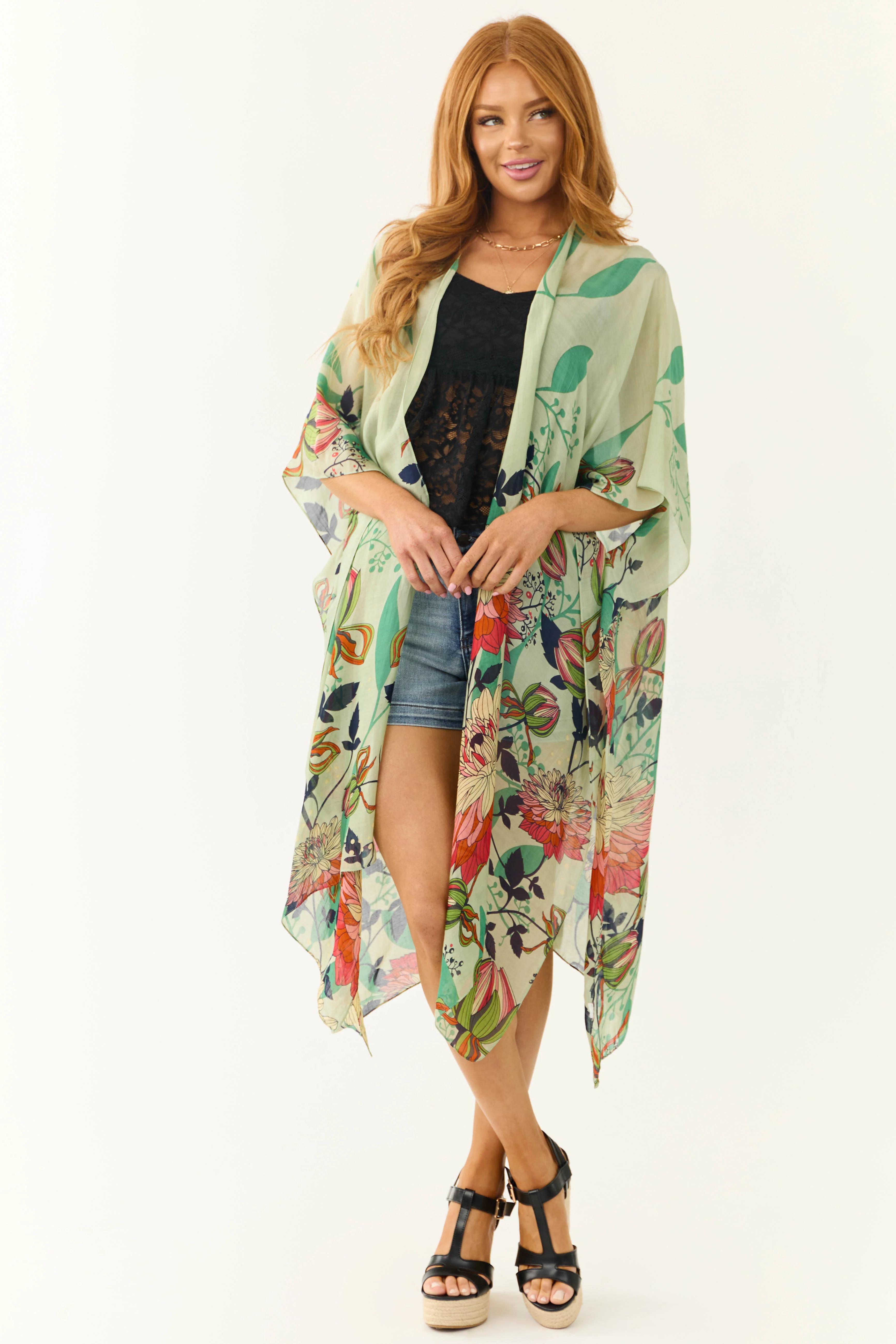 Sage Lightweight Floral Lotus Print Kimono - LD SALE